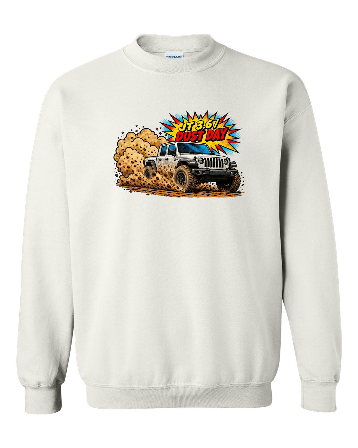 Jeep Gladiator JT mid-burnout in comic halftone pop art with JT 3.6 dust day text white crewneck front view with the design