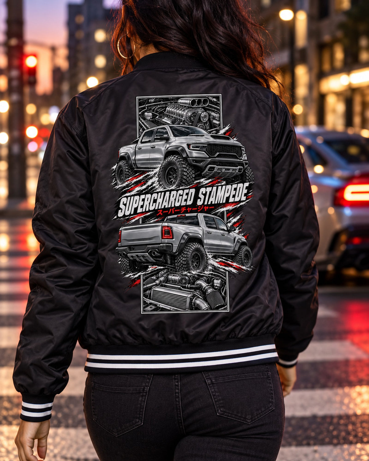 RAM 1500 Trx Torn Poster Full-Back Graphic Tee Bomber Jacket Black worn hero