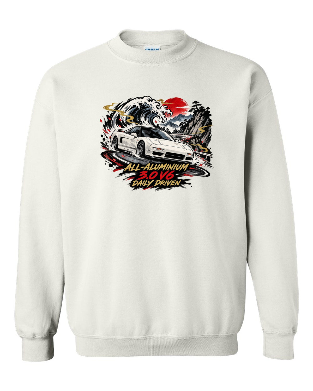 Sumi-e ink wave style print of a Honda NSX NA1 with all-aluminium 3.0 V6 daily driven text white crewneck front view with the design