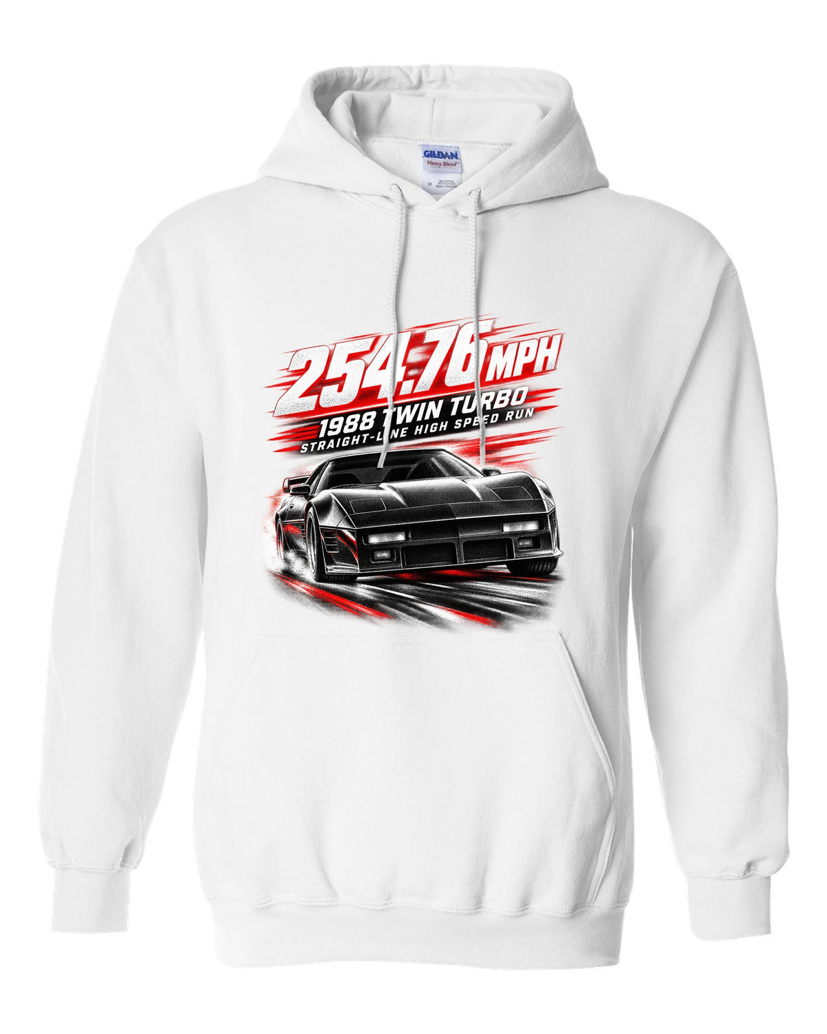 Callaway Sledgehammer 1988 twin-turbo C4 coupe race poster print 254.76 mph white pull over hoodie front view with the design