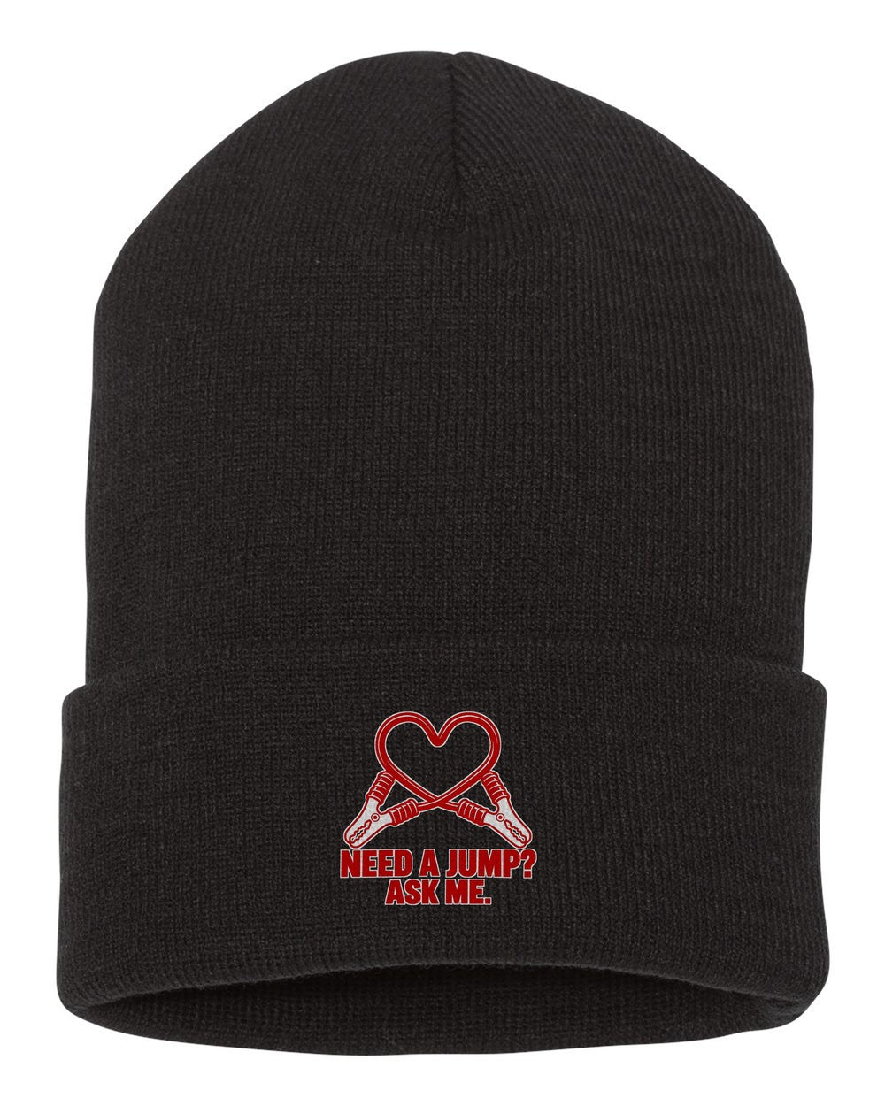 Funny Jumper Cable Heart Shirt For Car Guys black beanie front view with car name
