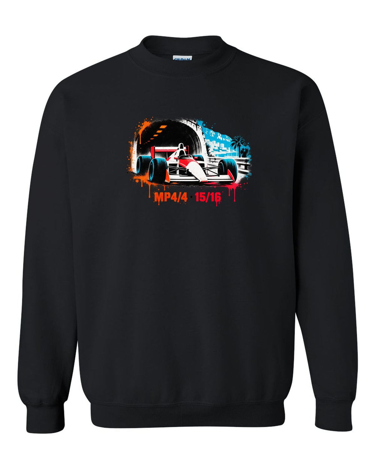 Stencil spray art of the McLaren MP4/4 Formula 1 car with 15/16 lettering black crewneck front view with the design