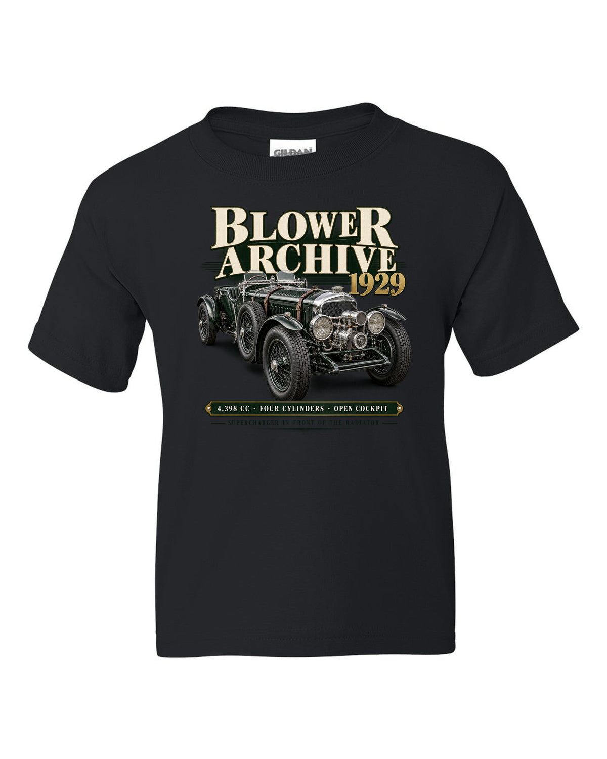 Bentley Blower 1929 archive panel with supercharger detail black kids tee front view with the design