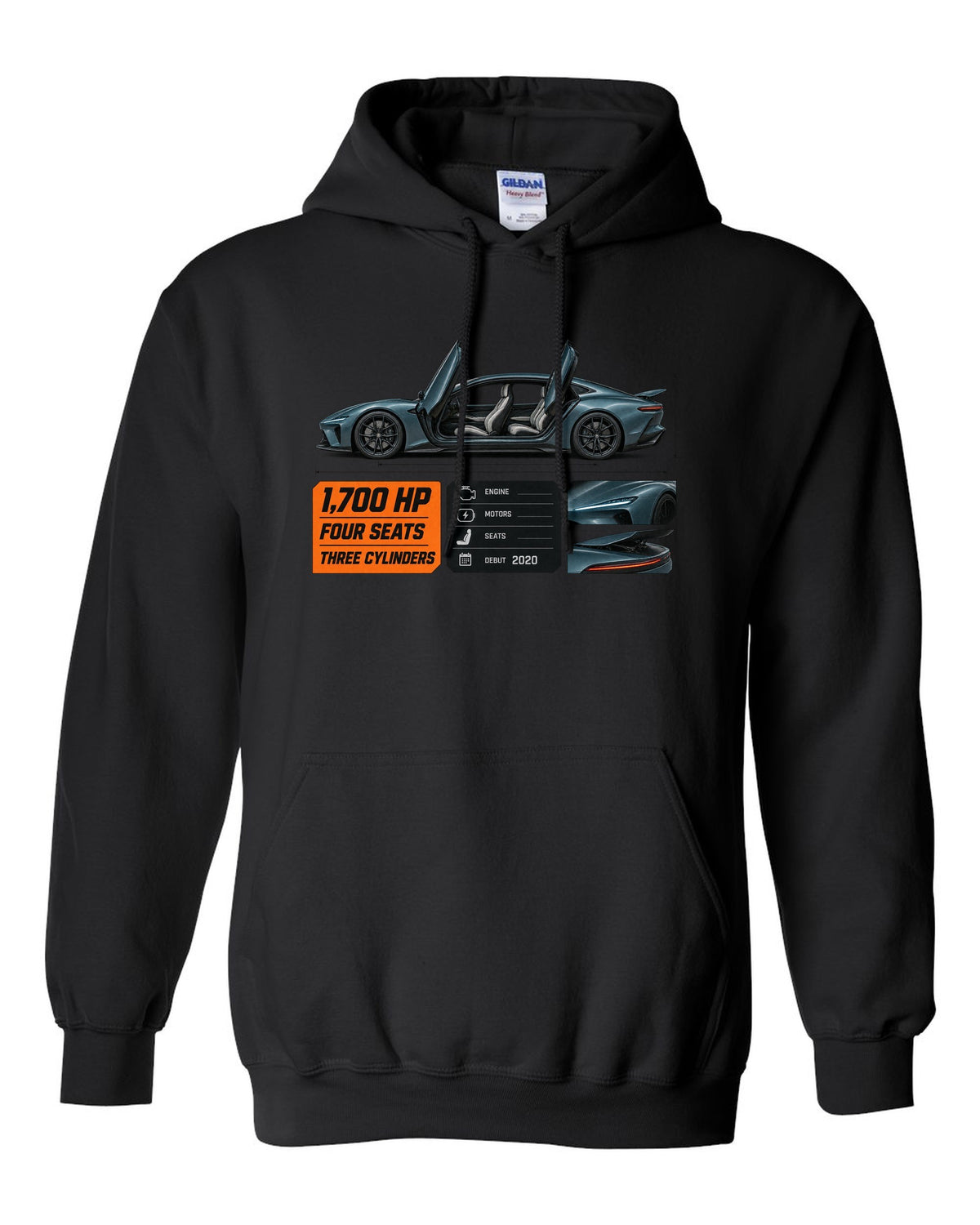 Spec poster of the Koenigsegg Gemera four-seat hypercar, print black pull over hoodie front view with the design