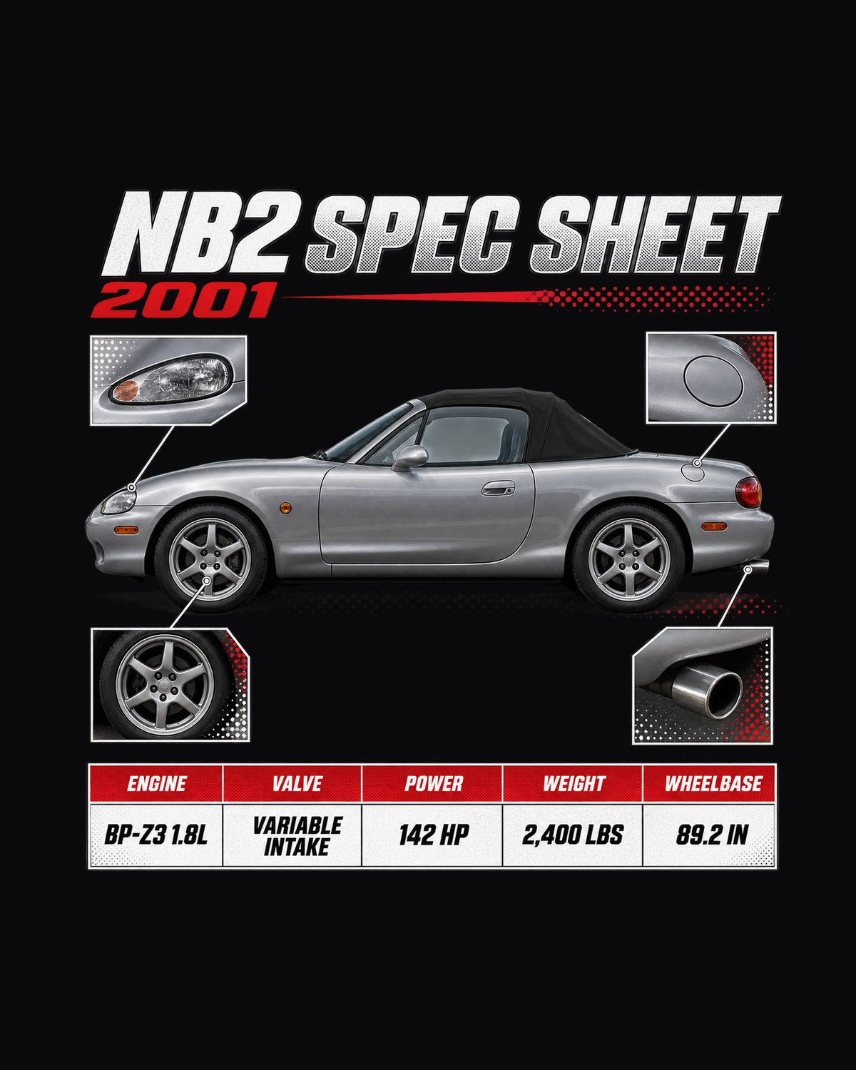 Mazda MX-5 NB2 Spec Sheet Shirt, 2001 Variable Intake design only