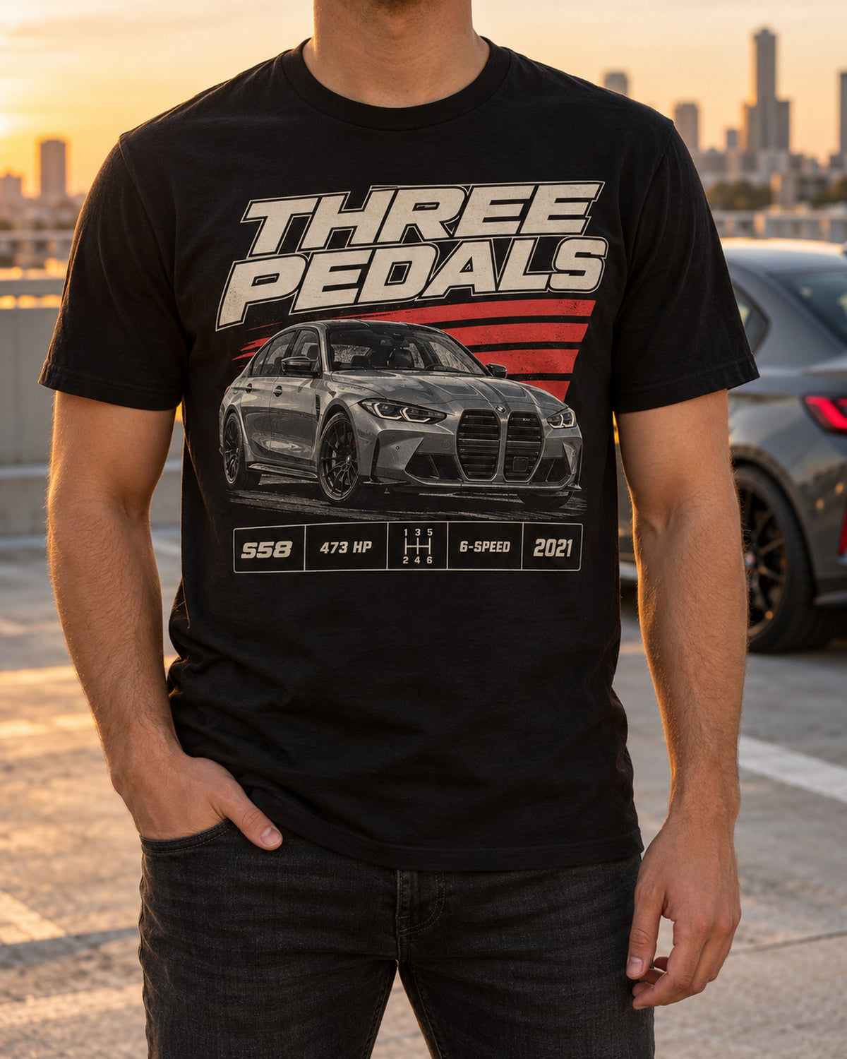 BMW M3 G80 Six-Speed Manual Halftone Shirt, Three Pedals Tee T-Shirt Black worn hero