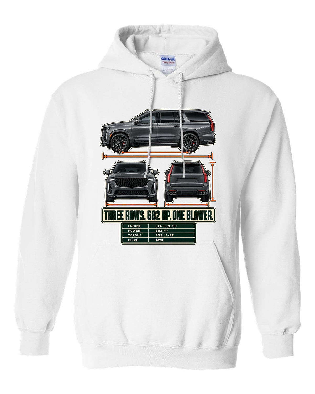 Three-view and spec table print of a 2023-25 Cadillac Escalade-V white pull over hoodie front view with the design