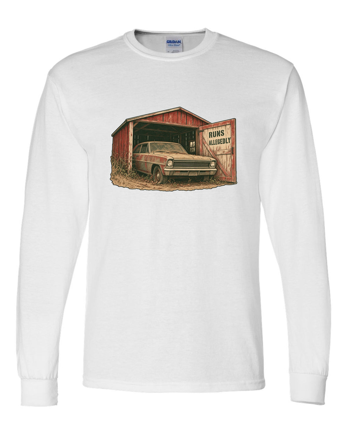 1966 Chevy II Nova in a grainy two-colour risograph barn find design with the text Runs Allegedly white long sleeve front view with the design