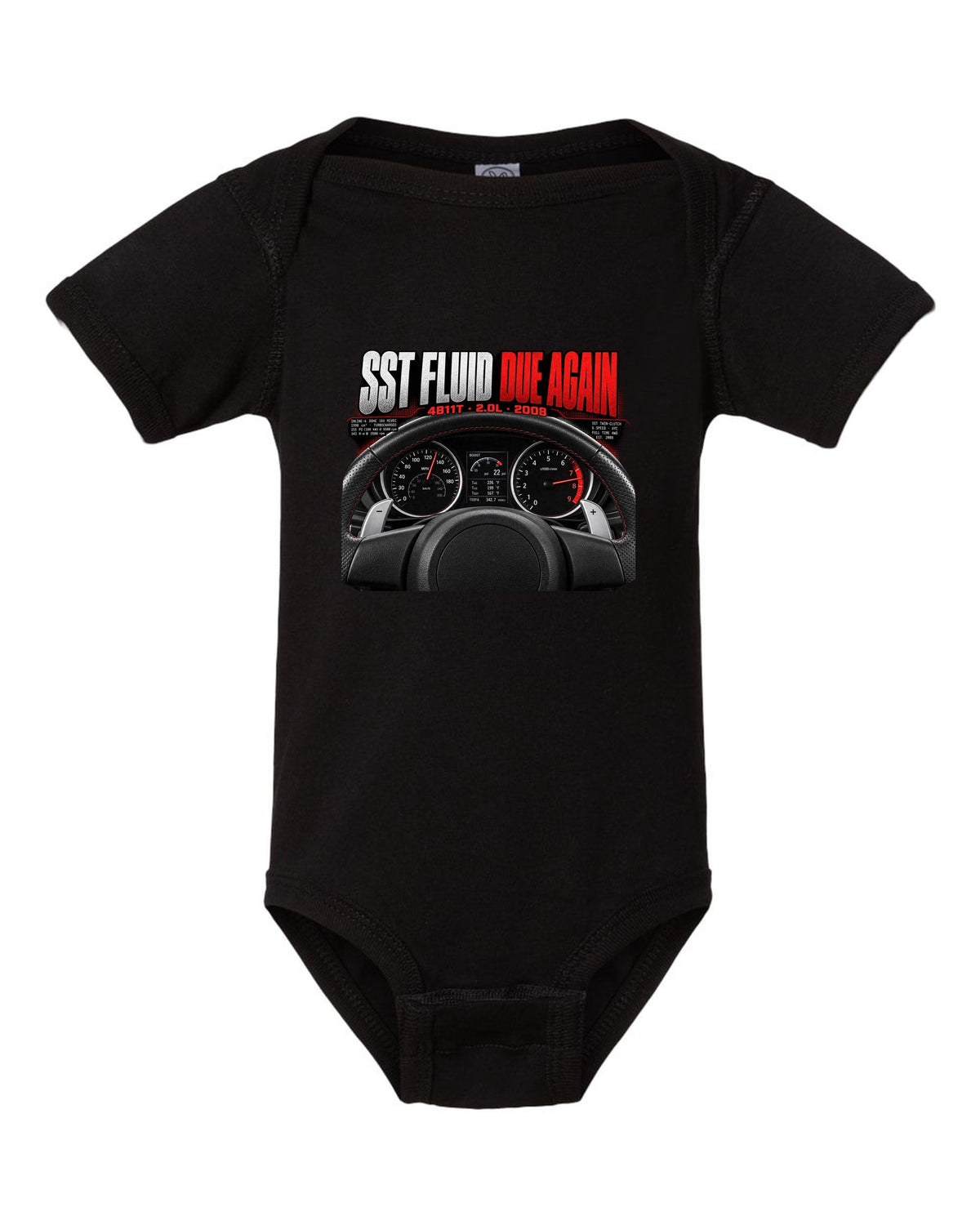 Mitsubishi Lancer Evolution X cockpit gauge print with SST fluid reminder text black baby onesie front view with the design