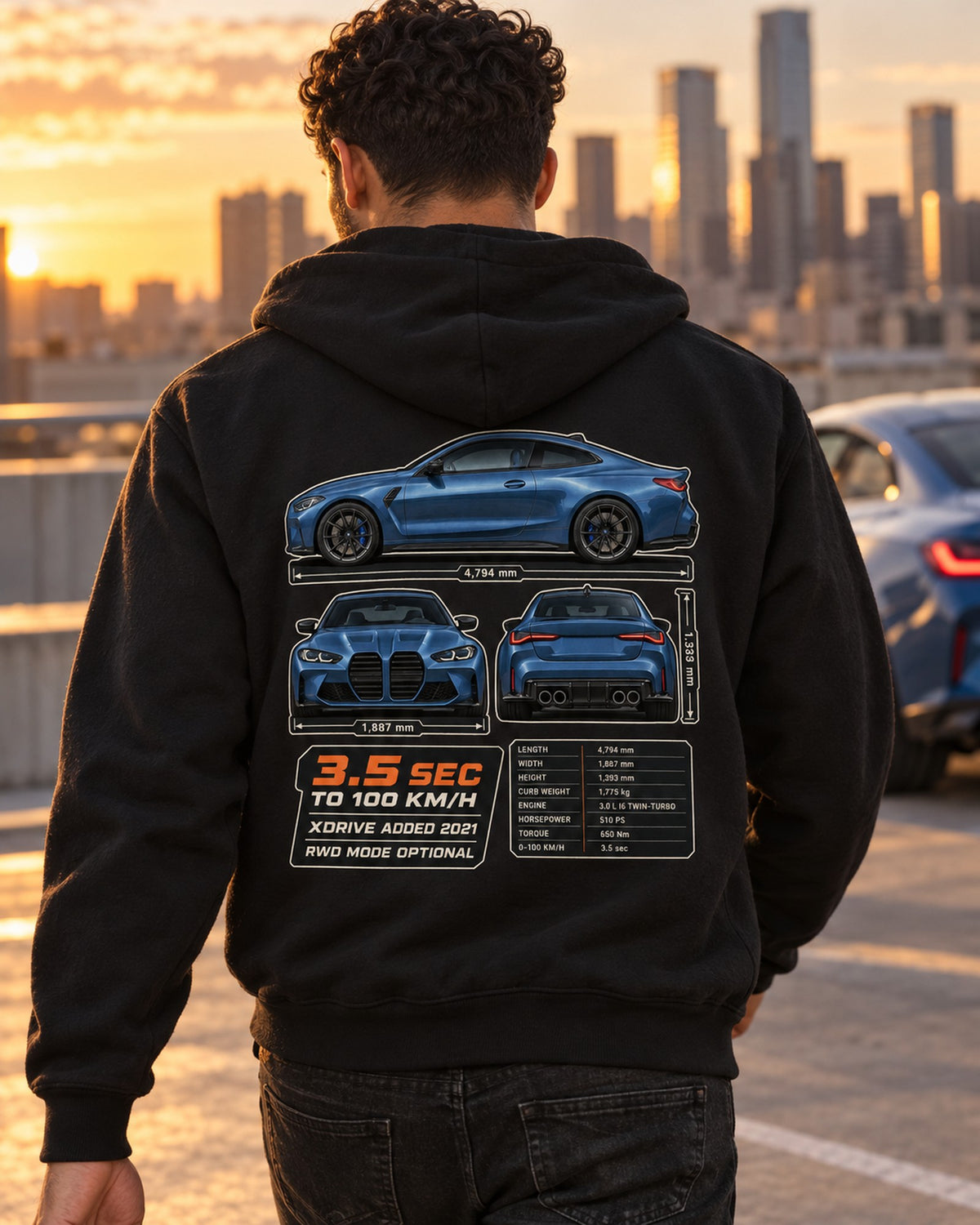 M4 Competition xDrive G82 Three-View Spec Tee, BMW Car Shirt Zip Hoodie Black worn hero