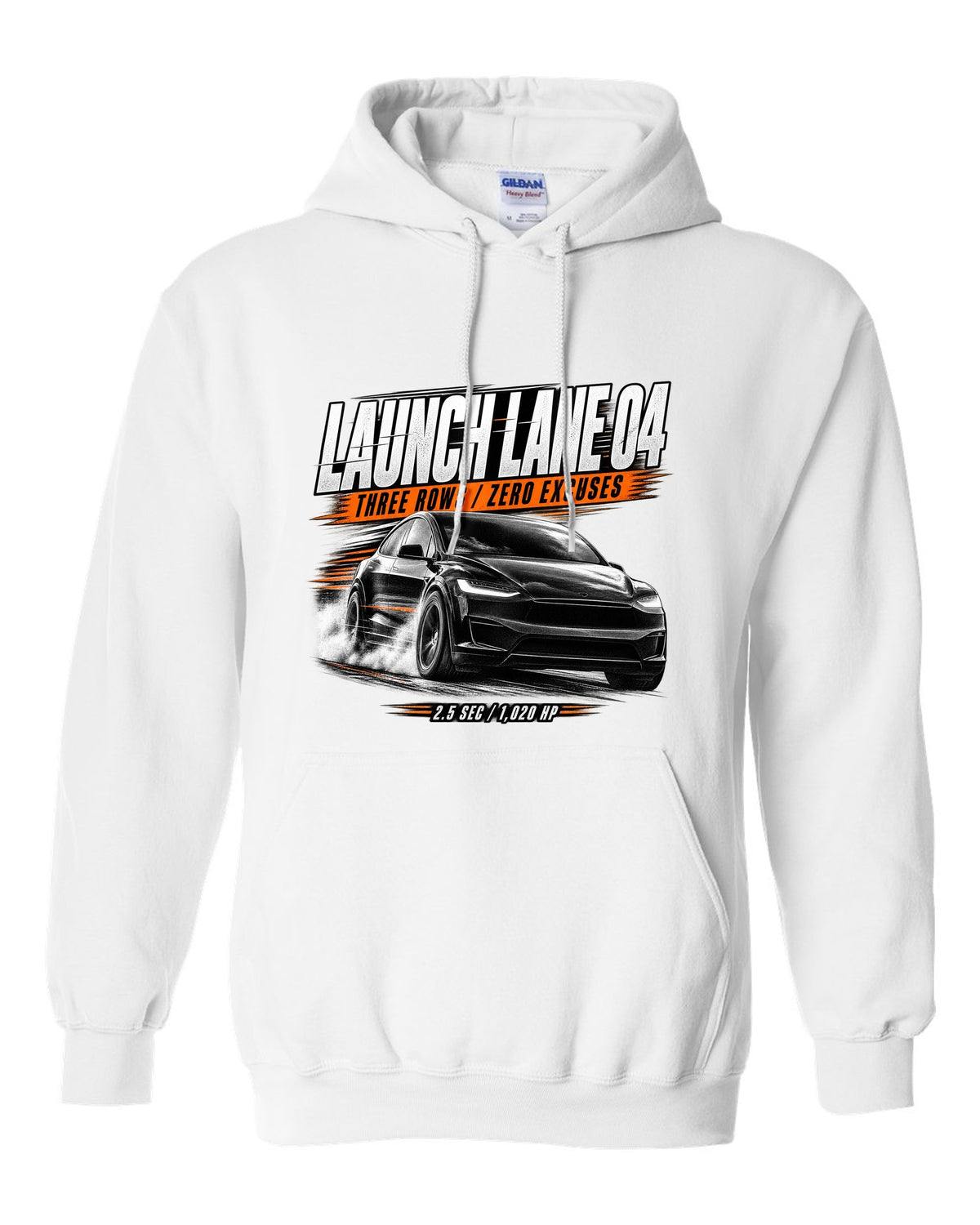 Tesla Model X Plaid front three-quarter launching in a race poster reading Launch Lane 04 white pull over hoodie front view with the design