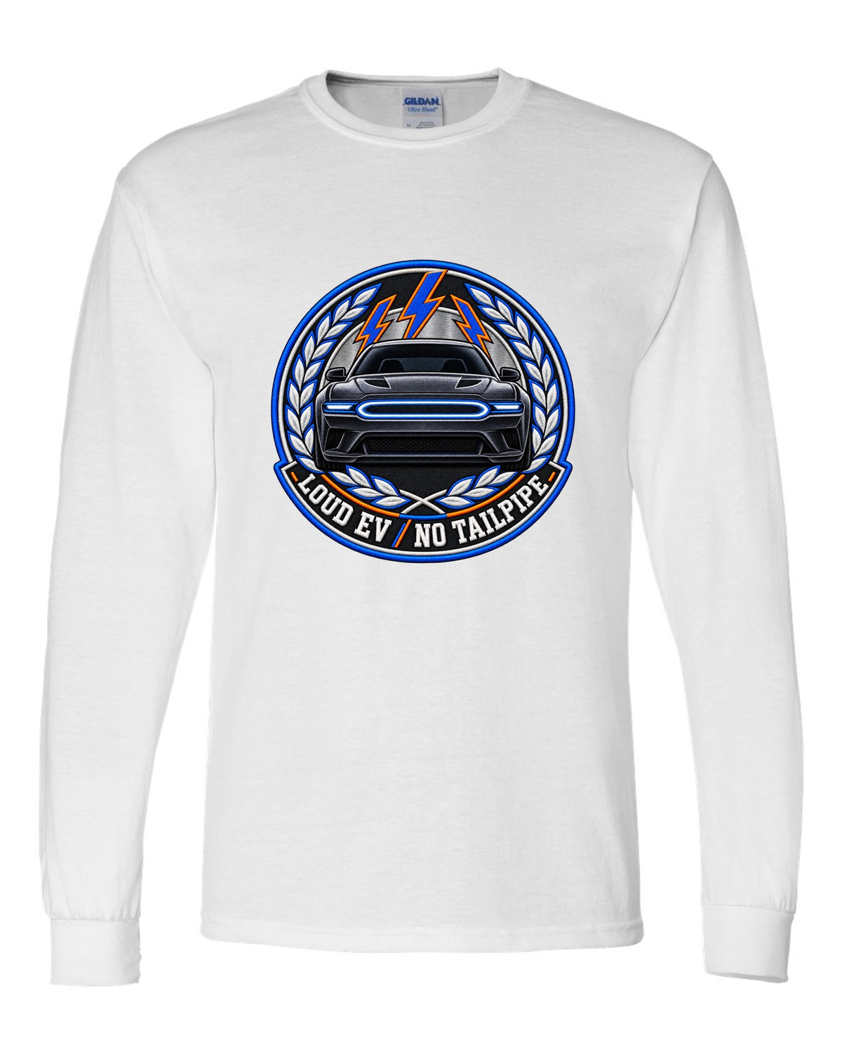 Embroidery-style varsity crest for the 2024 Dodge Charger Daytona EV with loud EV no tailpipe text white long sleeve front view with the design