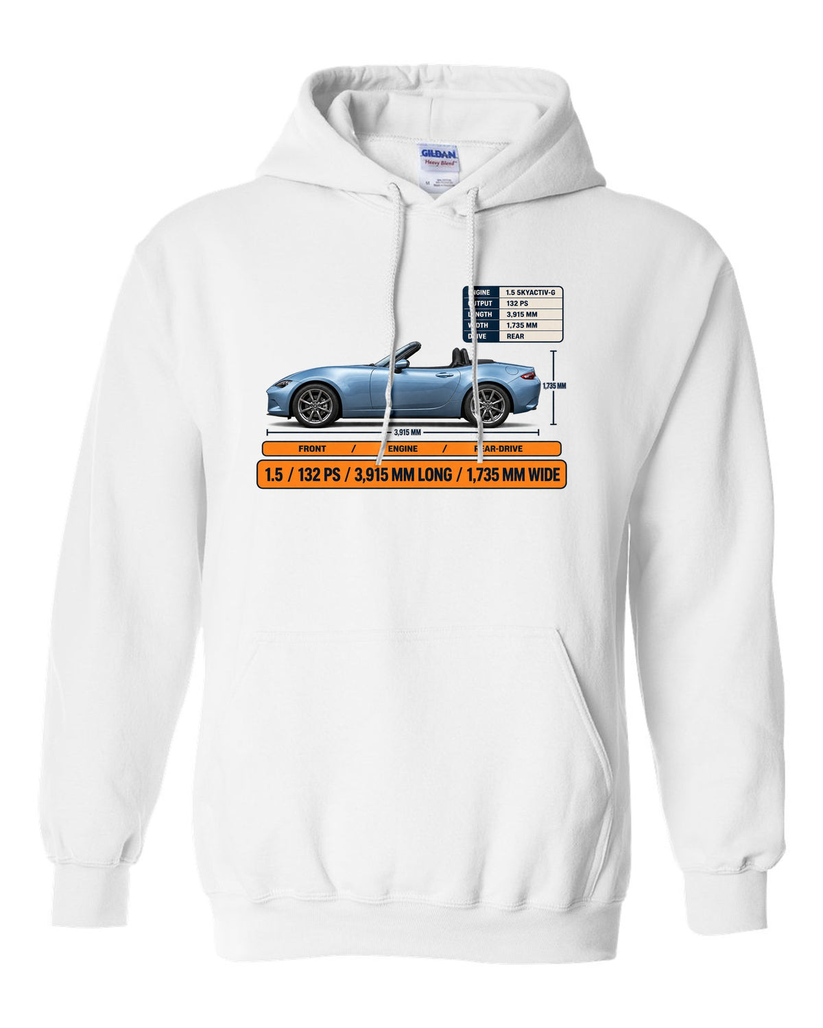 Mazda MX-5 ND 1.5 SKYACTIV-G spec poster print showing power and dimensions white pull over hoodie front view with the design