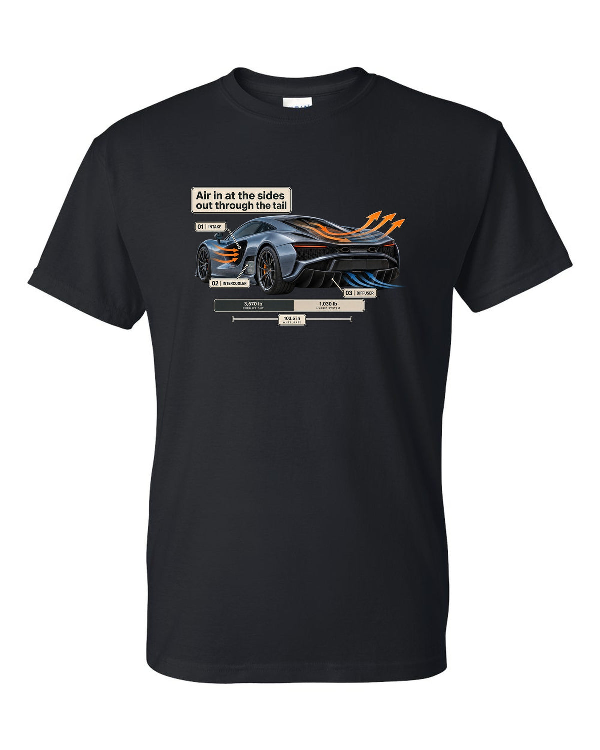 Aero cutaway print of a 2019 Acura NSX NC1 with airflow callouts black t-shirt front view with the design