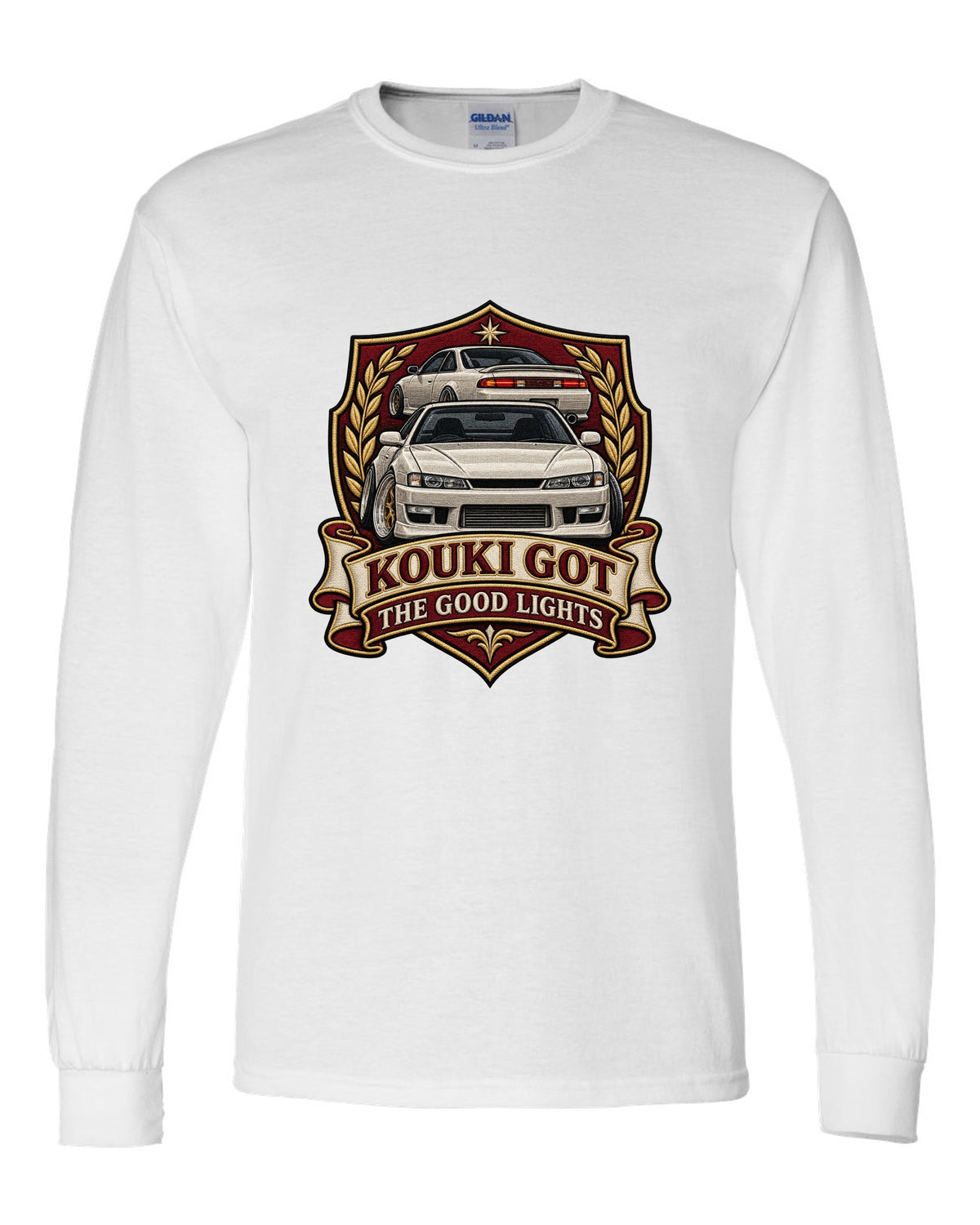 Embroidered shield crest print for the Nissan Silvia S14 kouki reading Kouki Got the Good Lights white long sleeve front view with the design