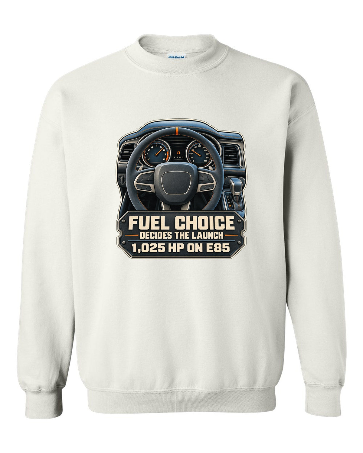 Dodge Challenger SRT Demon 170 cockpit gauge print with E85 1,025 HP text white crewneck front view with the design