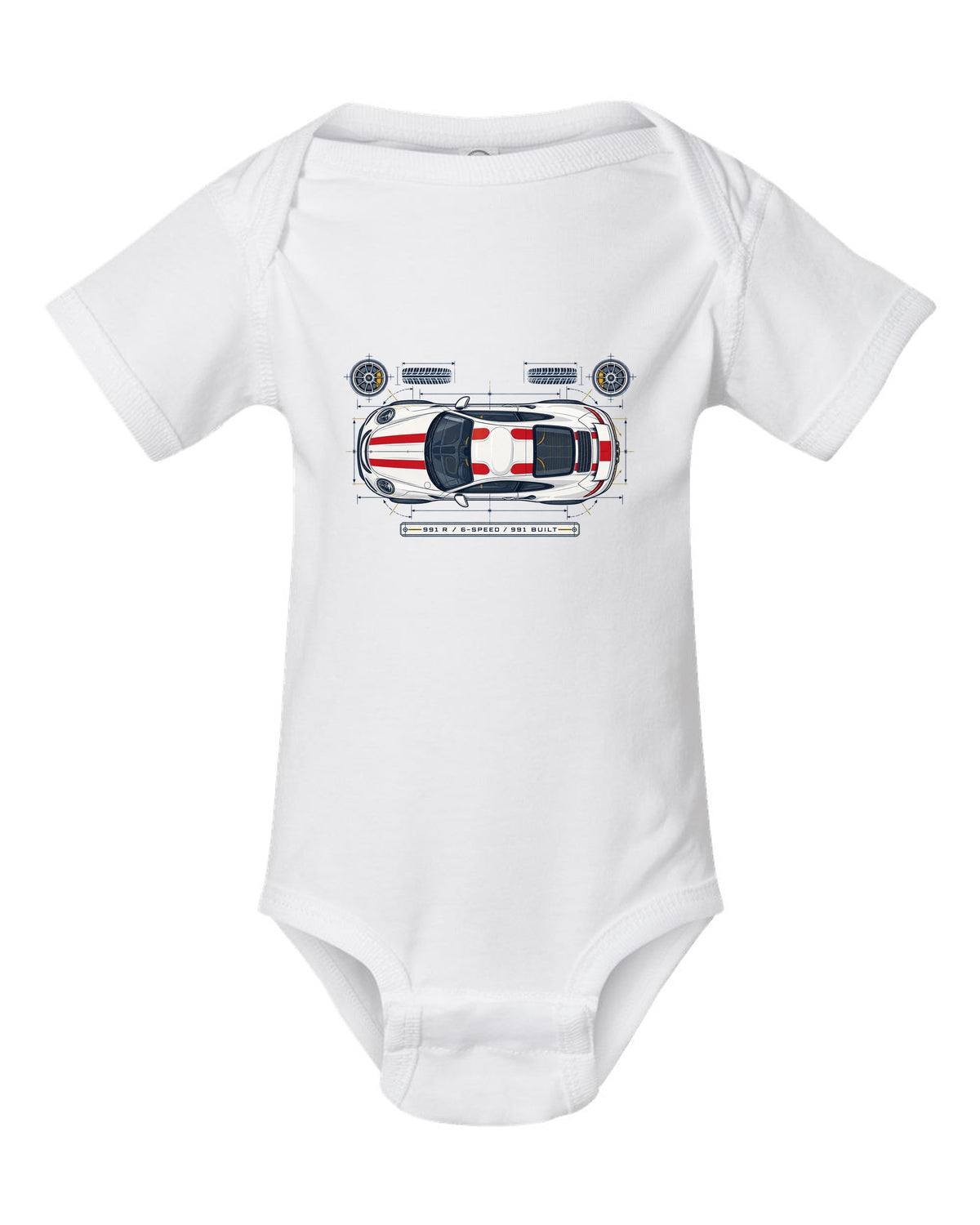 Porsche 993 Carrera five-dial gauge cluster HUD design with no screens text white baby onesie front view with the design