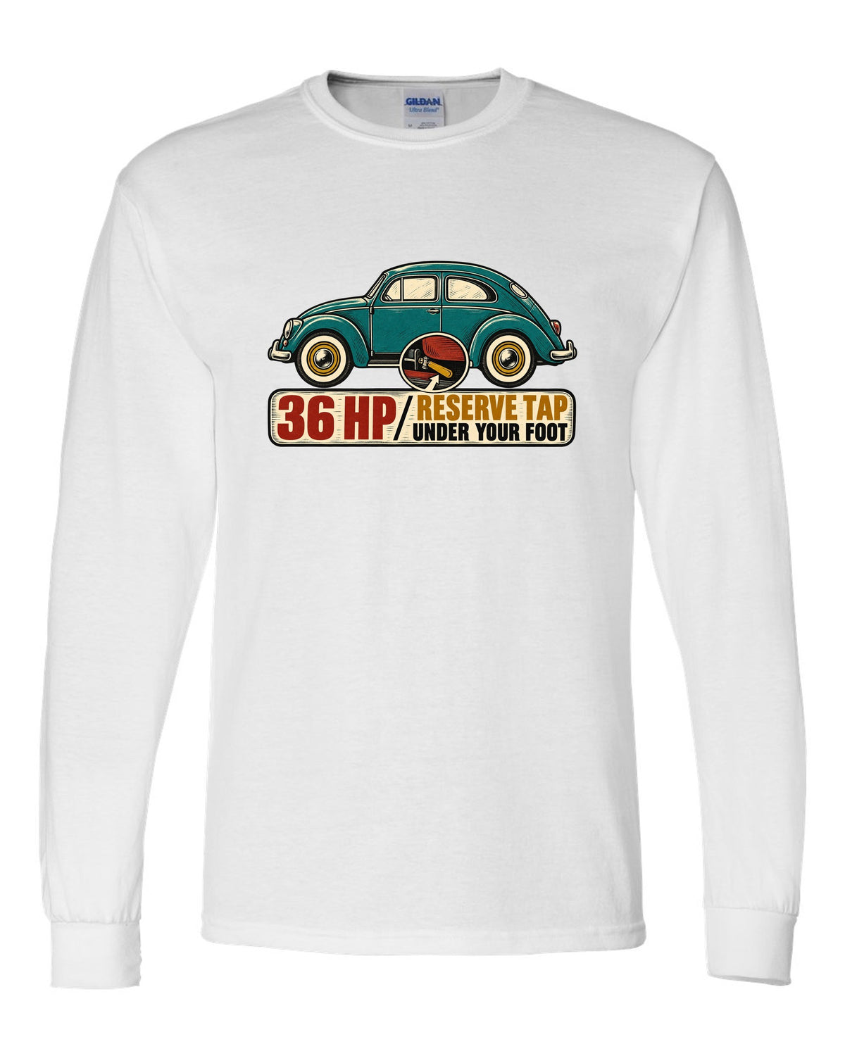 Multi-colour linocut of a 1955 oval-window VW Beetle with reserve tap lettering white long sleeve front view with the design