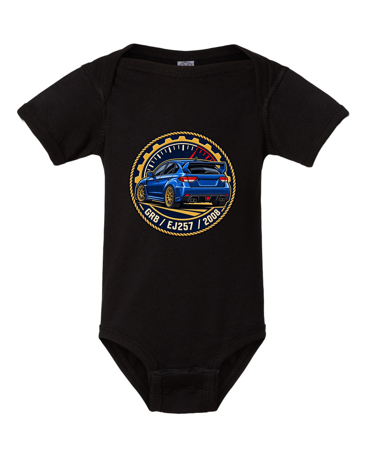 Subaru Impreza WRX STI GRB chback varsity crest print, GRB / EJ257 / 2008 black baby onesie front view with the design