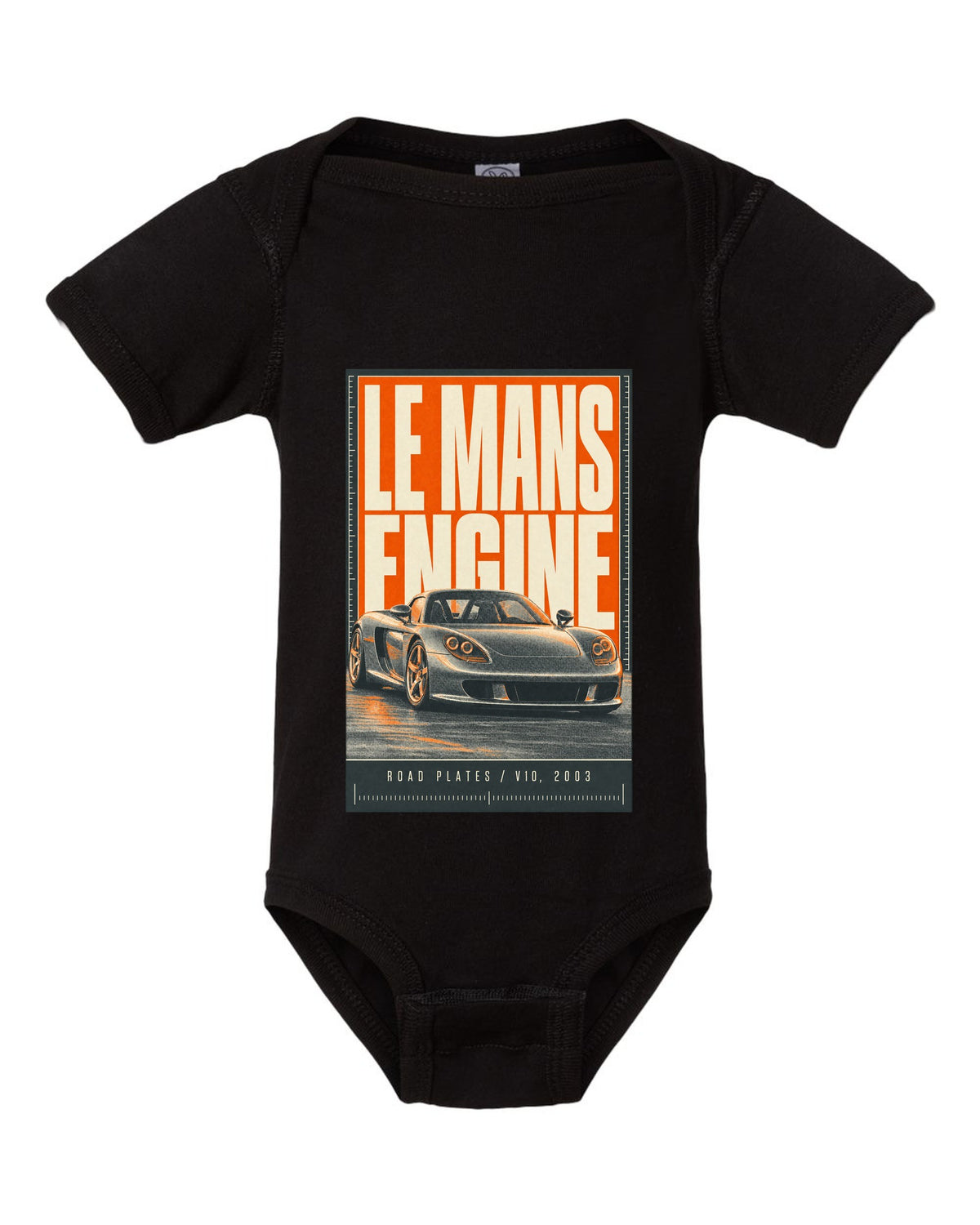 Porsche Carrera GT halftone statement print design black baby onesie front view with the design