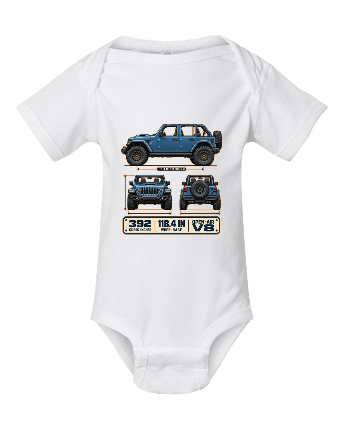 Dimension blueprint print of the Jeep Wrangler Rubicon 392 JL showing wheelbase and V8 white baby onesie front view with the design