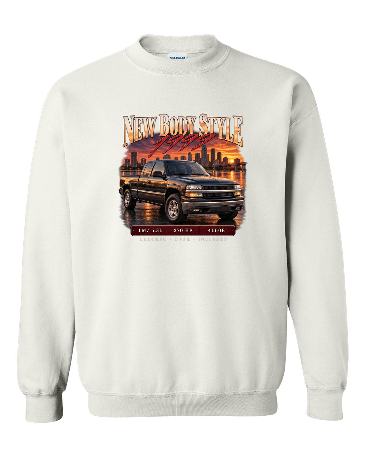 Archive panel print of a 1999-2006 Chevrolet Silverado GMT800 with LM7 5.3L text white crewneck front view with the design