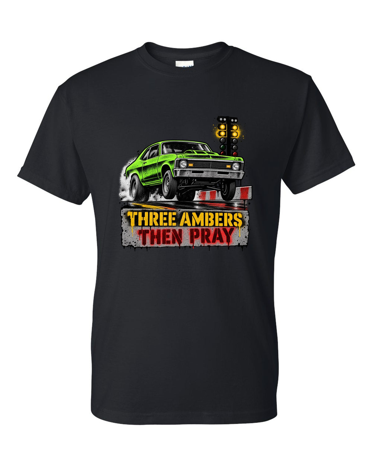 Stencil spray street art of a 1971 Chevrolet Nova at the drag strip starting line black t-shirt front view with the design