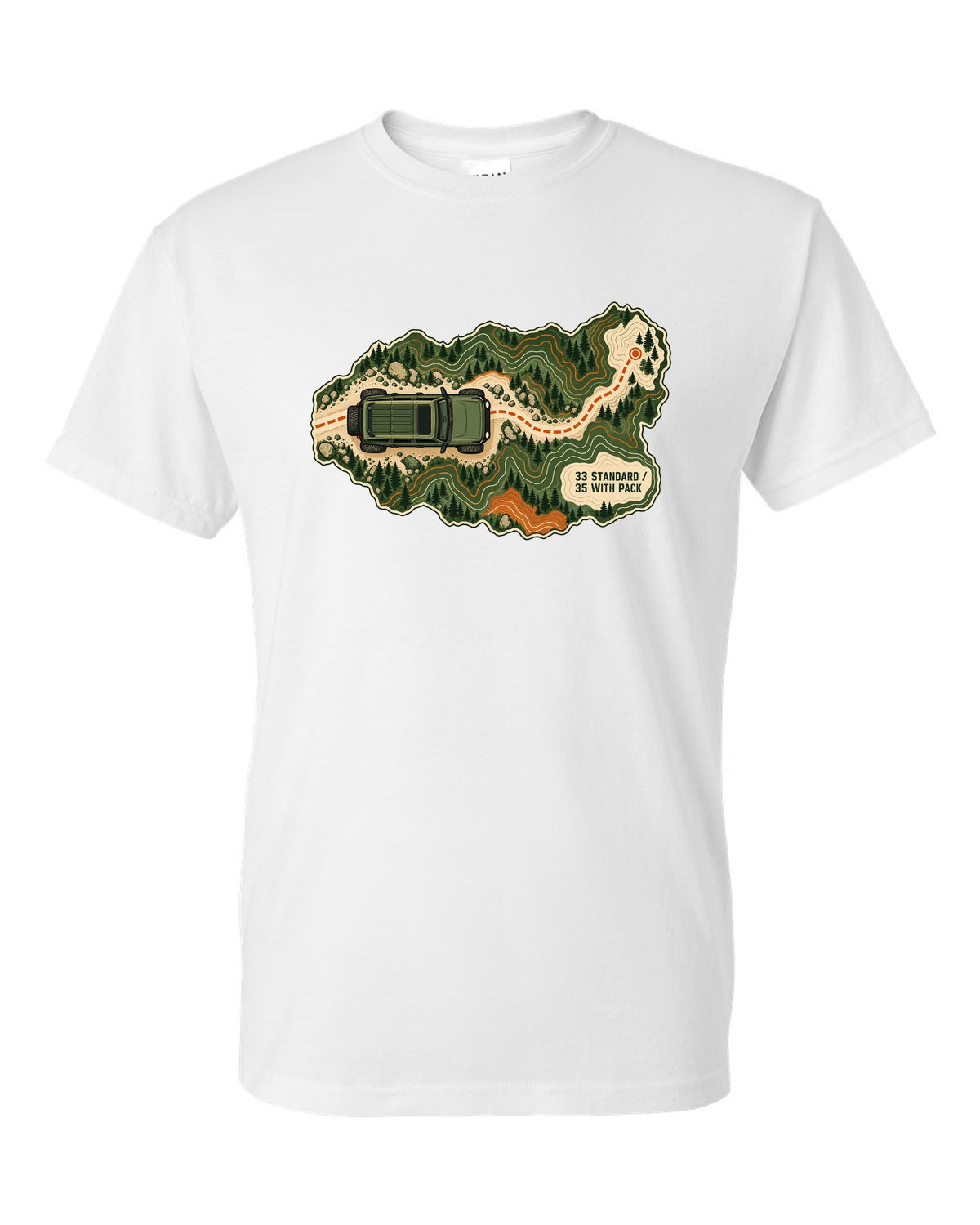 Topographic route map art of a 2021 Ford Bronco 4-door Badlands with 33 STANDARD 35 WITH PACK notes white t-shirt front view with the design