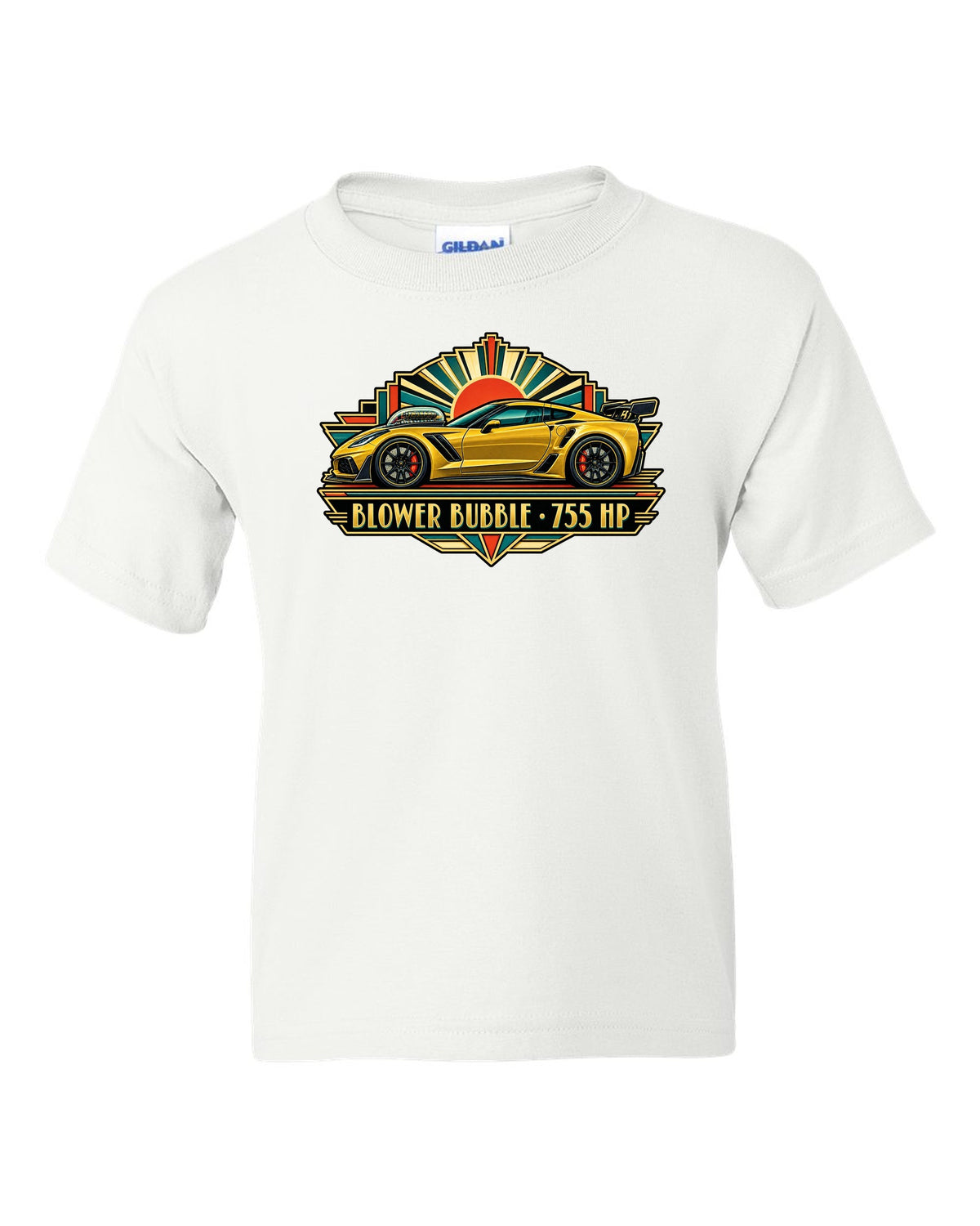 Art deco racing poster print of a 2019 Chevrolet Corvette C7 ZR1 with 755 HP blower bubble lettering white kids tee front view with the design