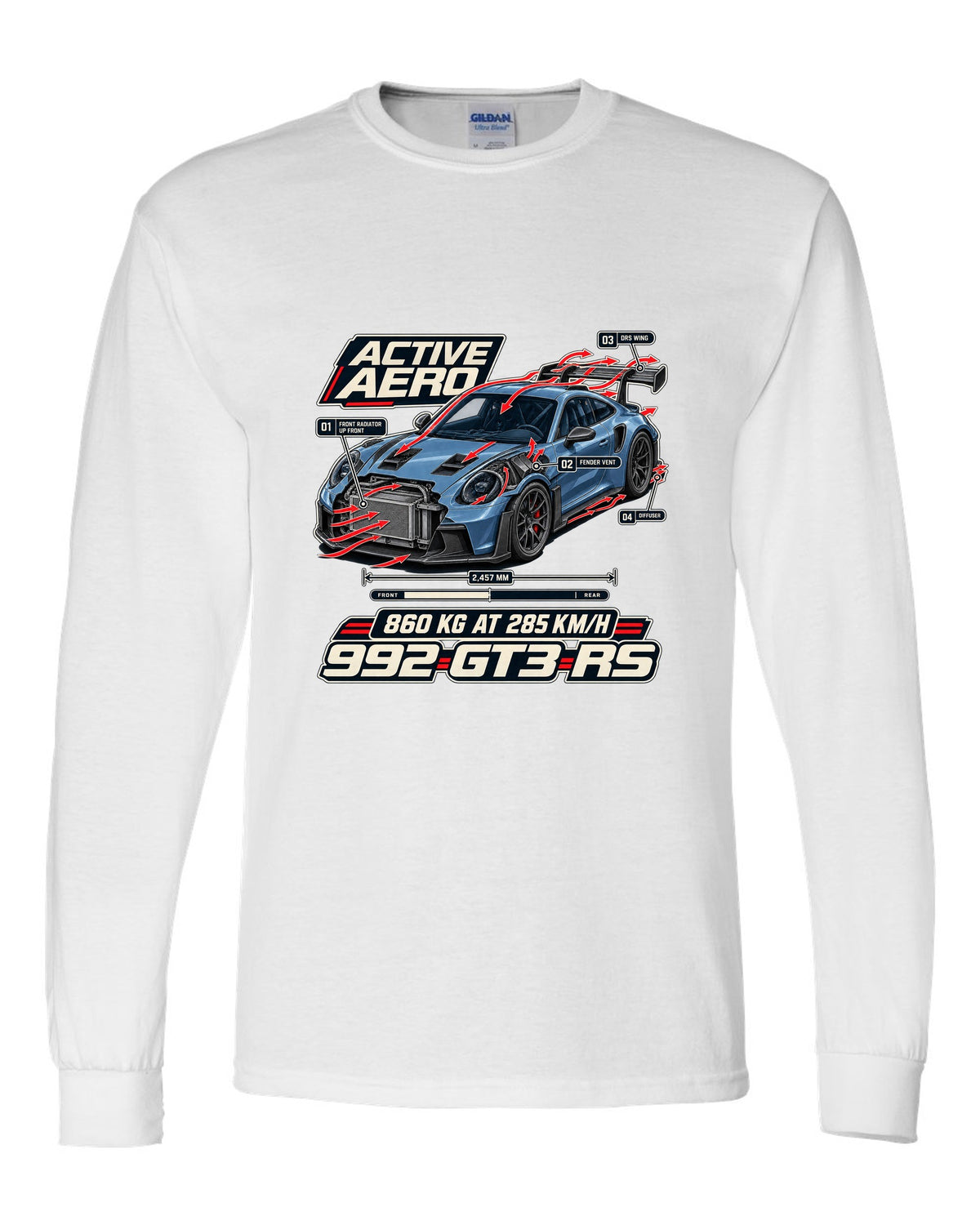 Porsche 992 GT3 RS aero and cutaway callouts print design white long sleeve front view with the design