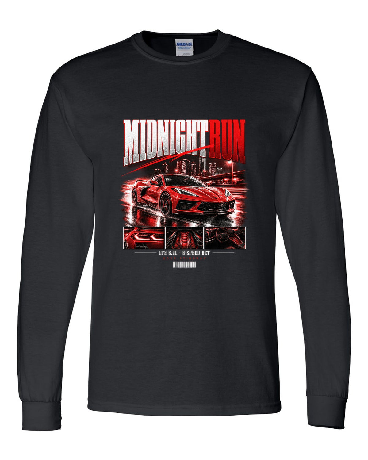 Corvette C8 Stingray 2023 widebody street poster Midnight Run black long sleeve front view with the design