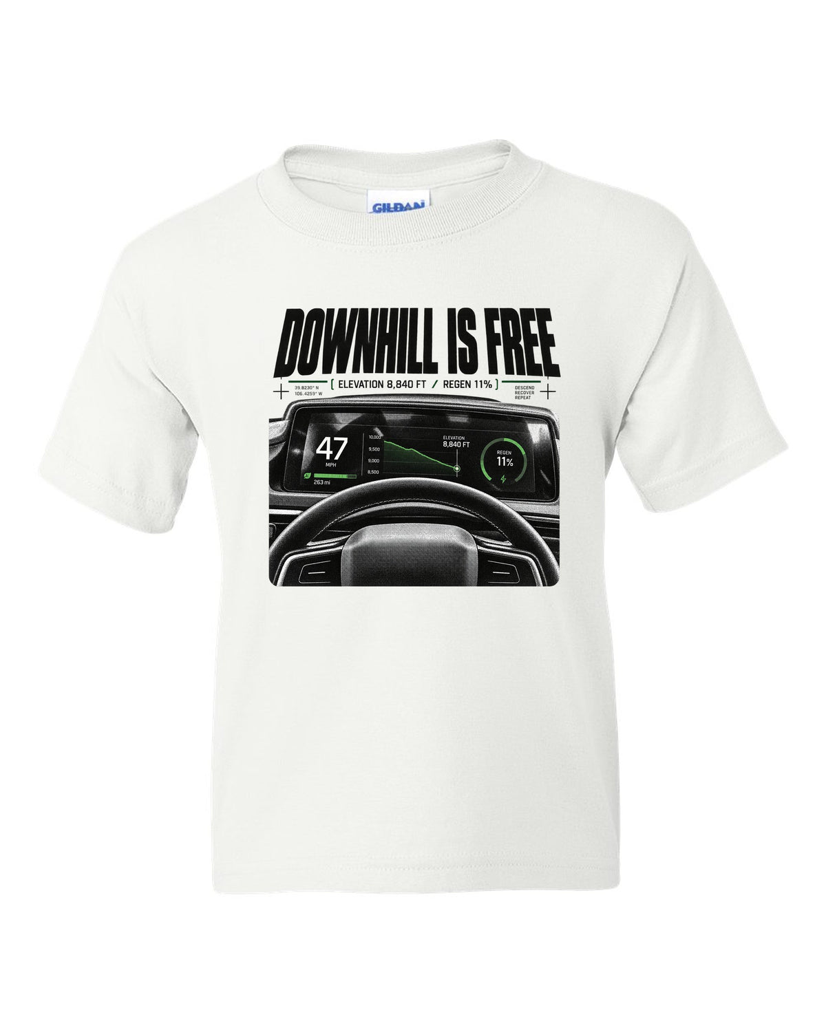 Rivian R1T 2022 cockpit gauge readout with downhill is free, elevation 8,840 ft and regen 11% white kids tee front view with the design