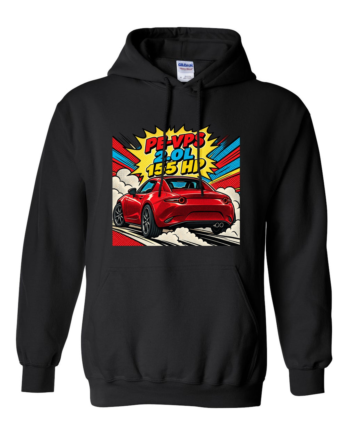 Comic halftone pop art Mazda MX-5 ND RF with PE-VPS 2.0L 155 HP spec line black pull over hoodie front view with the design