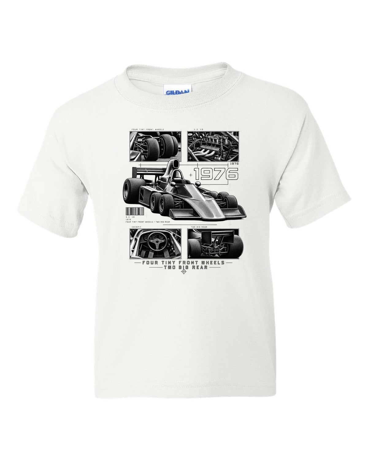 Tyrrell P34 six-wheel F1 car dossier panel print white kids tee front view with the design