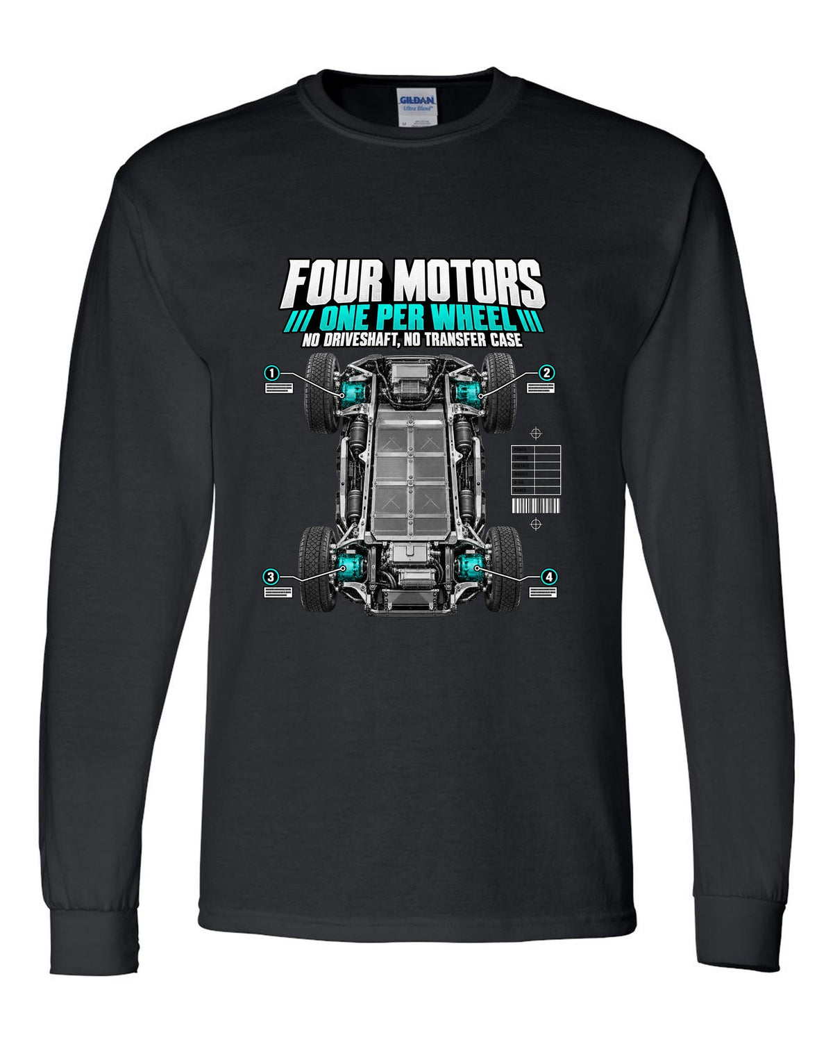 Rivian R1T Quad Motor 2022 layout with four motors, one per wheel, no driveshaft and no transfer case black long sleeve front view with the design