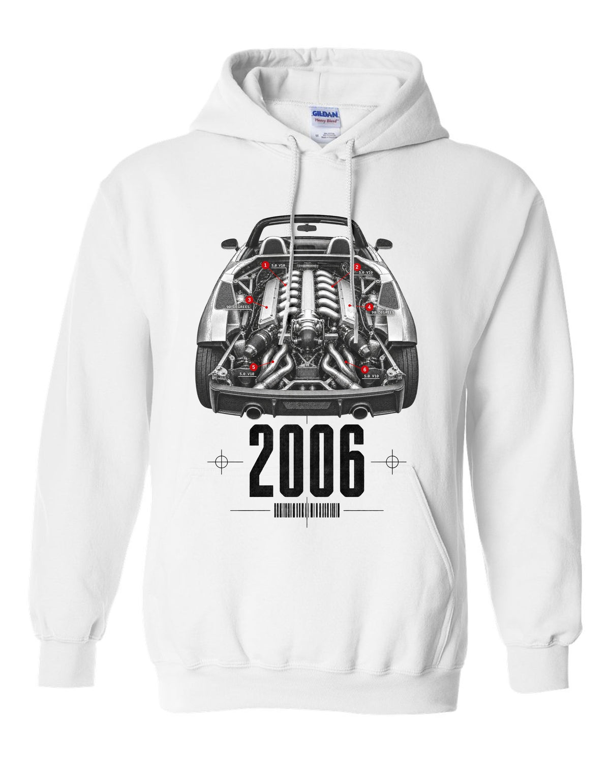 Engine hero print of a Lamborghini Gallardo Spyder with 5.0 V10 and 90 Degrees text white pull over hoodie front view with the design