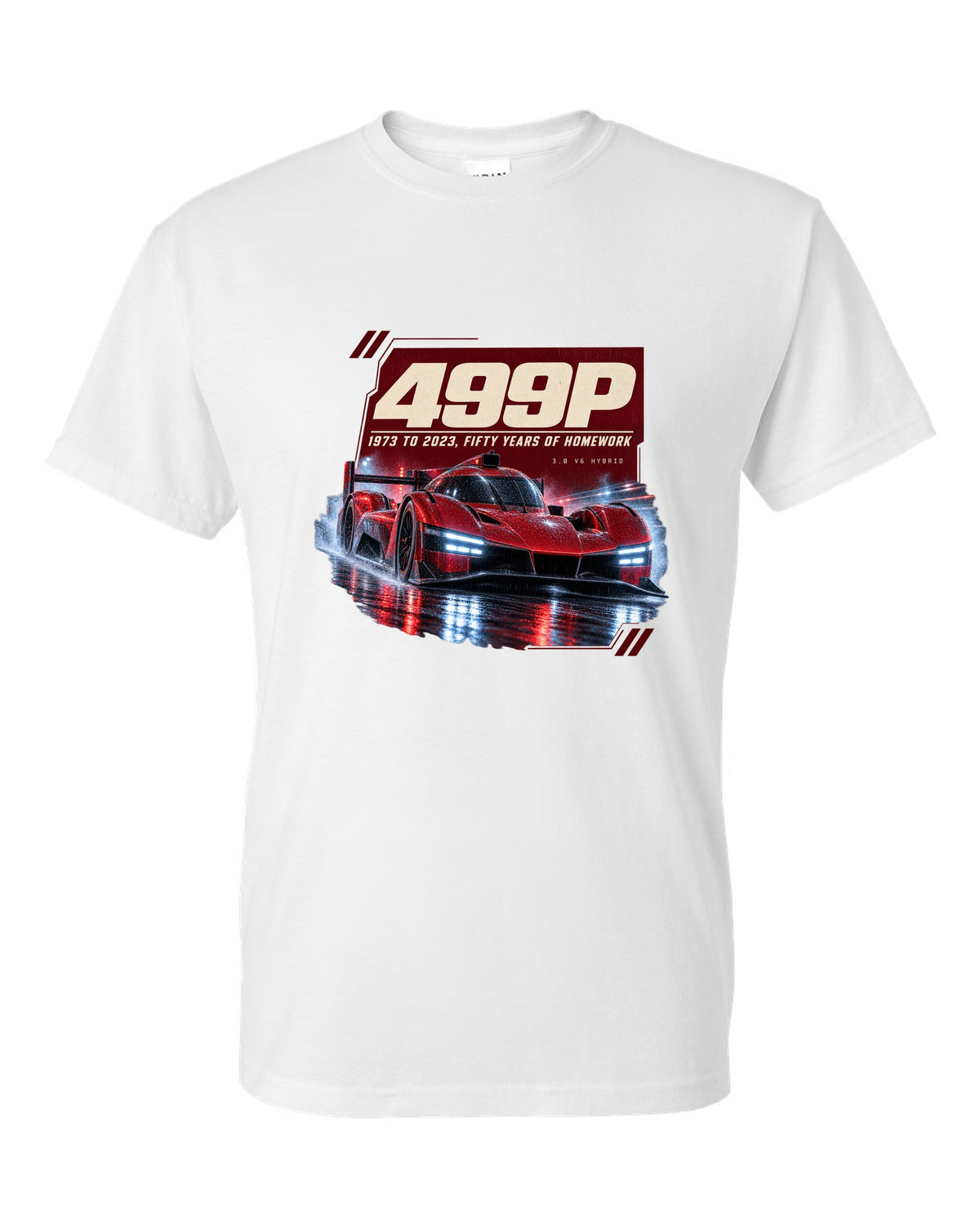 Ferrari 499P on a rainy night street print, 1973 to 2023 white t-shirt front view with the design