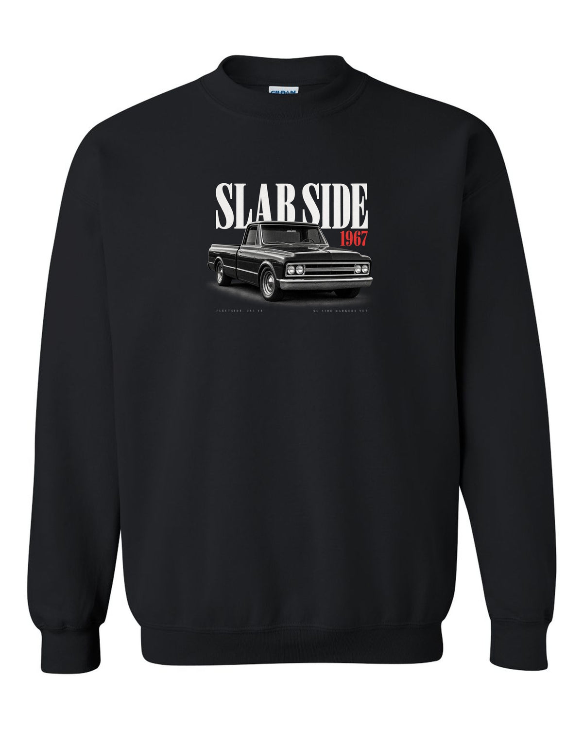Editorial print of a 1967-72 Chevrolet C10 Action Line Fleetside with 283 V8 text black crewneck front view with the design