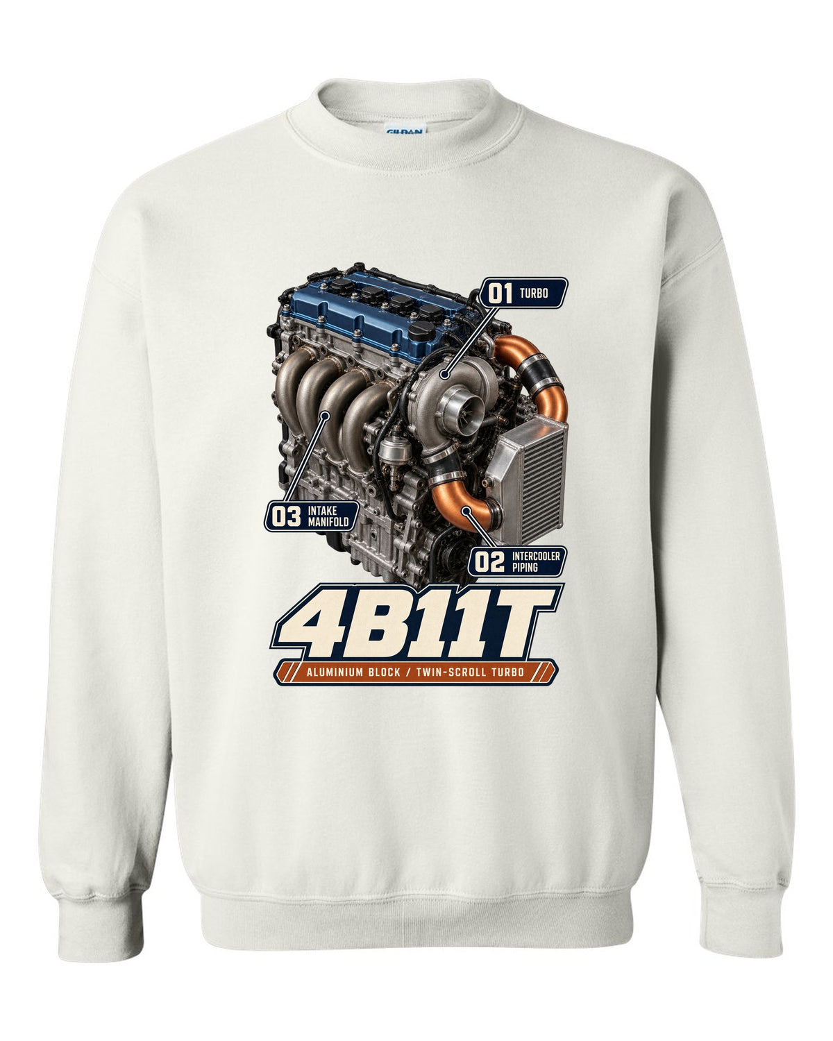 Mitsubishi Lancer Evolution X 4B11T engine bay poster print white crewneck front view with the design