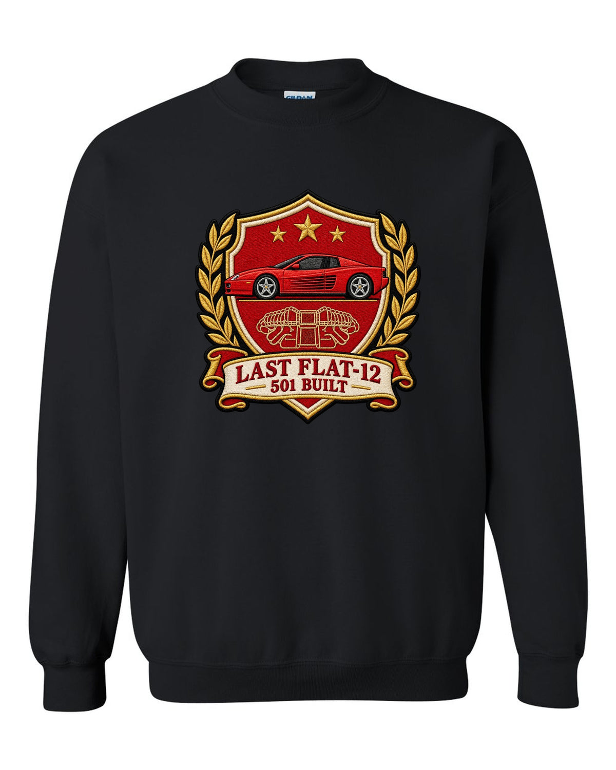 Varsity crest print for the Ferrari F512 M with the text last flat-12, 501 built black crewneck front view with the design