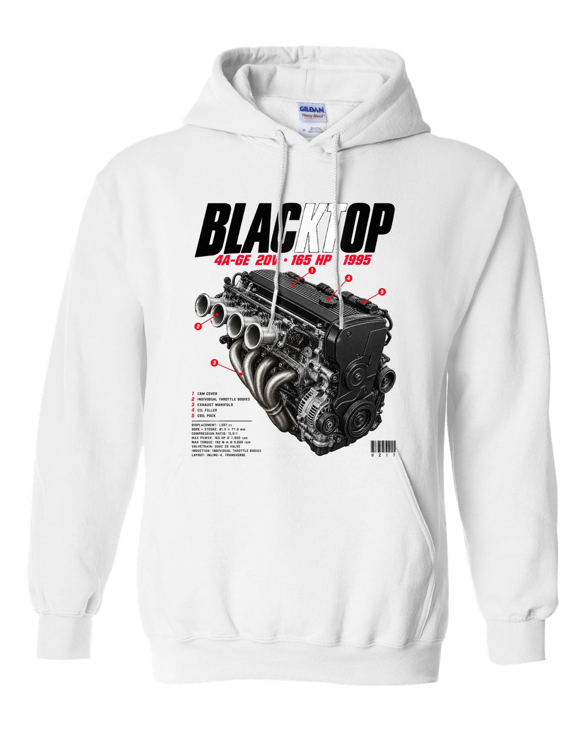 Engine bay hero print of the blacktop 4A-GE 20V in a Toyota Corolla Levin AE111 white pull over hoodie front view with the design