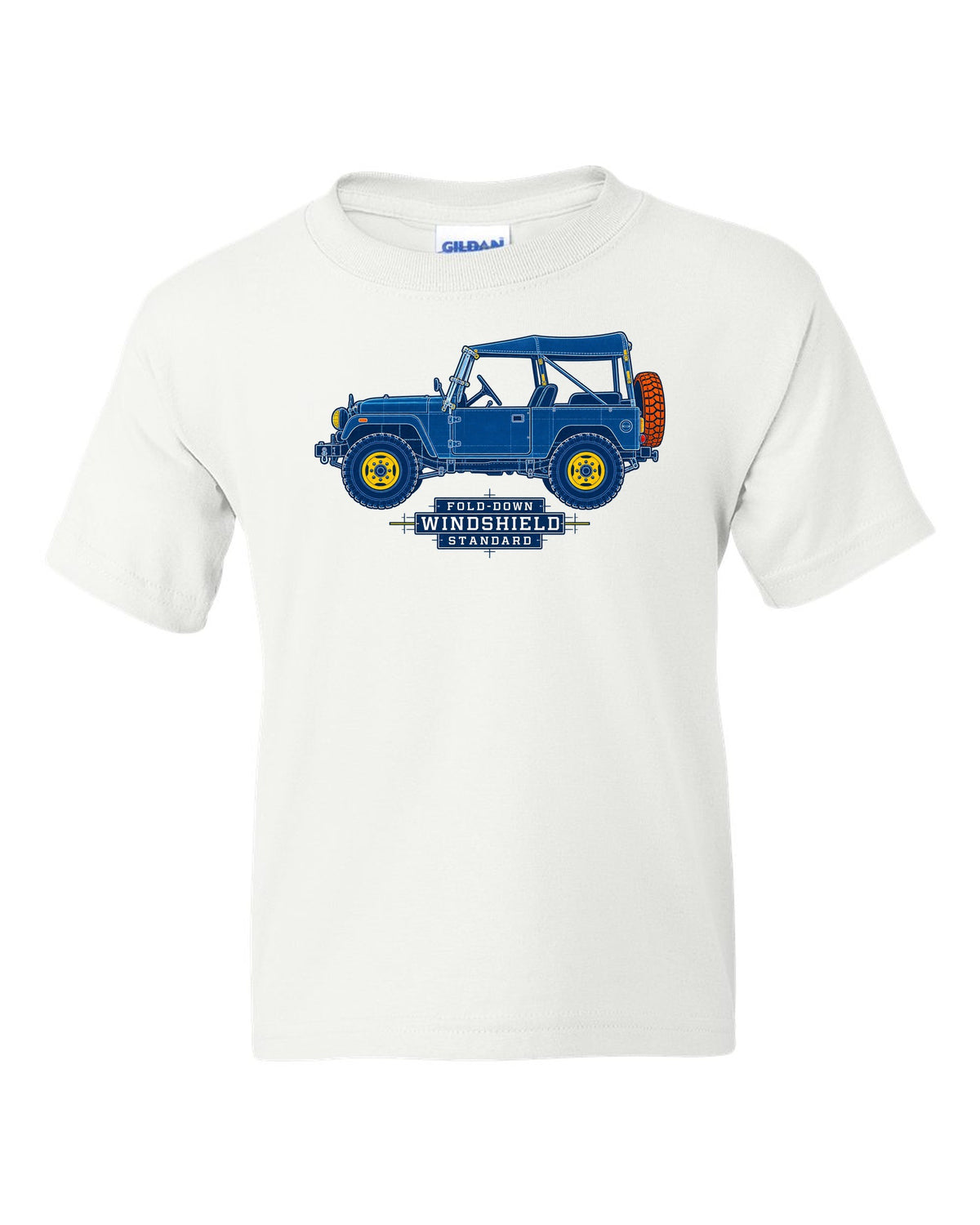 Cyanotype blueprint of a Toyota Land Cruiser FJ40 with fold-down windshield lettering white kids tee front view with the design