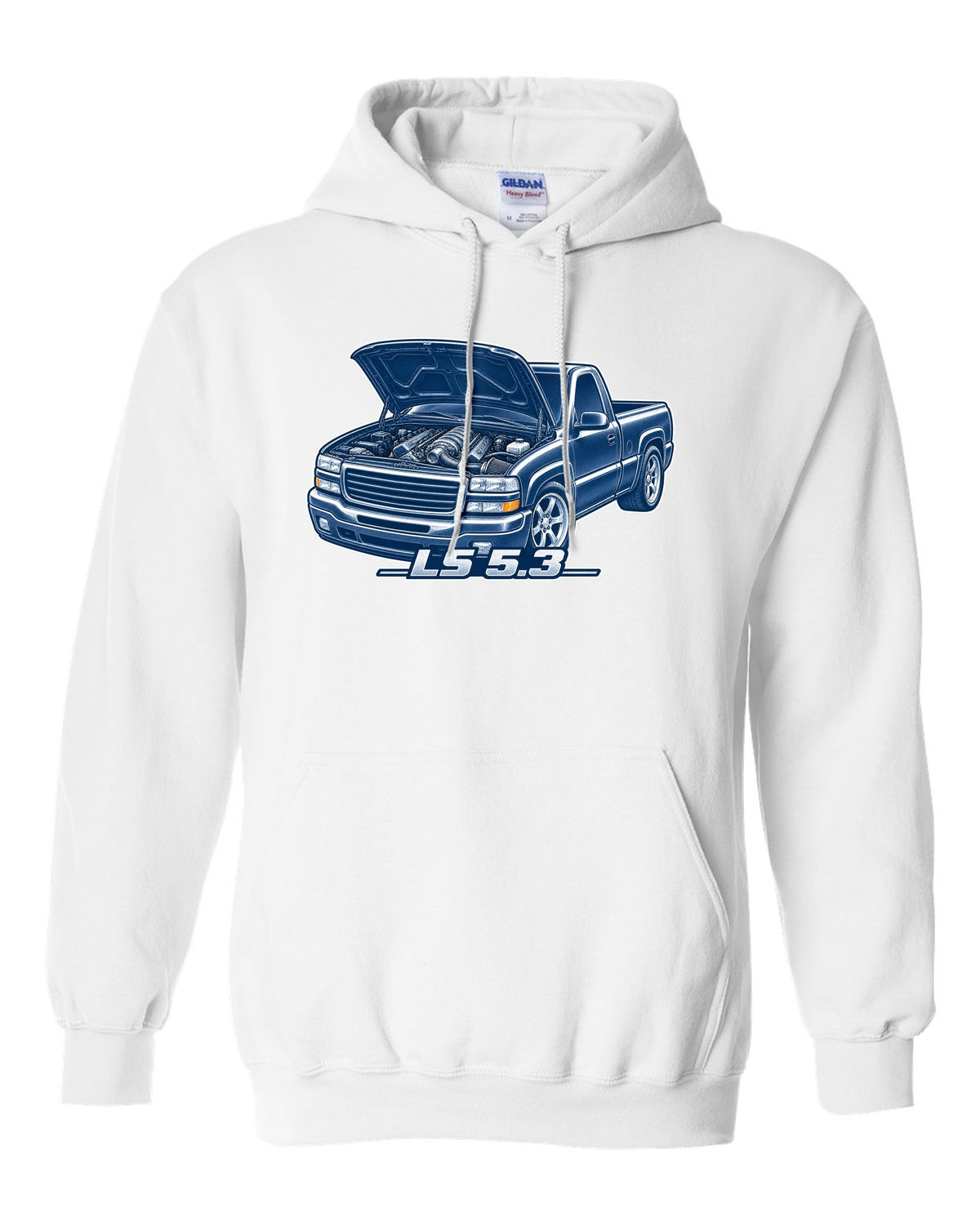 Cyanotype negative blueprint print of a 1999-2006 Chevrolet GMT800 NBS Silverado with LS 5.3 text white pull over hoodie front view with the design