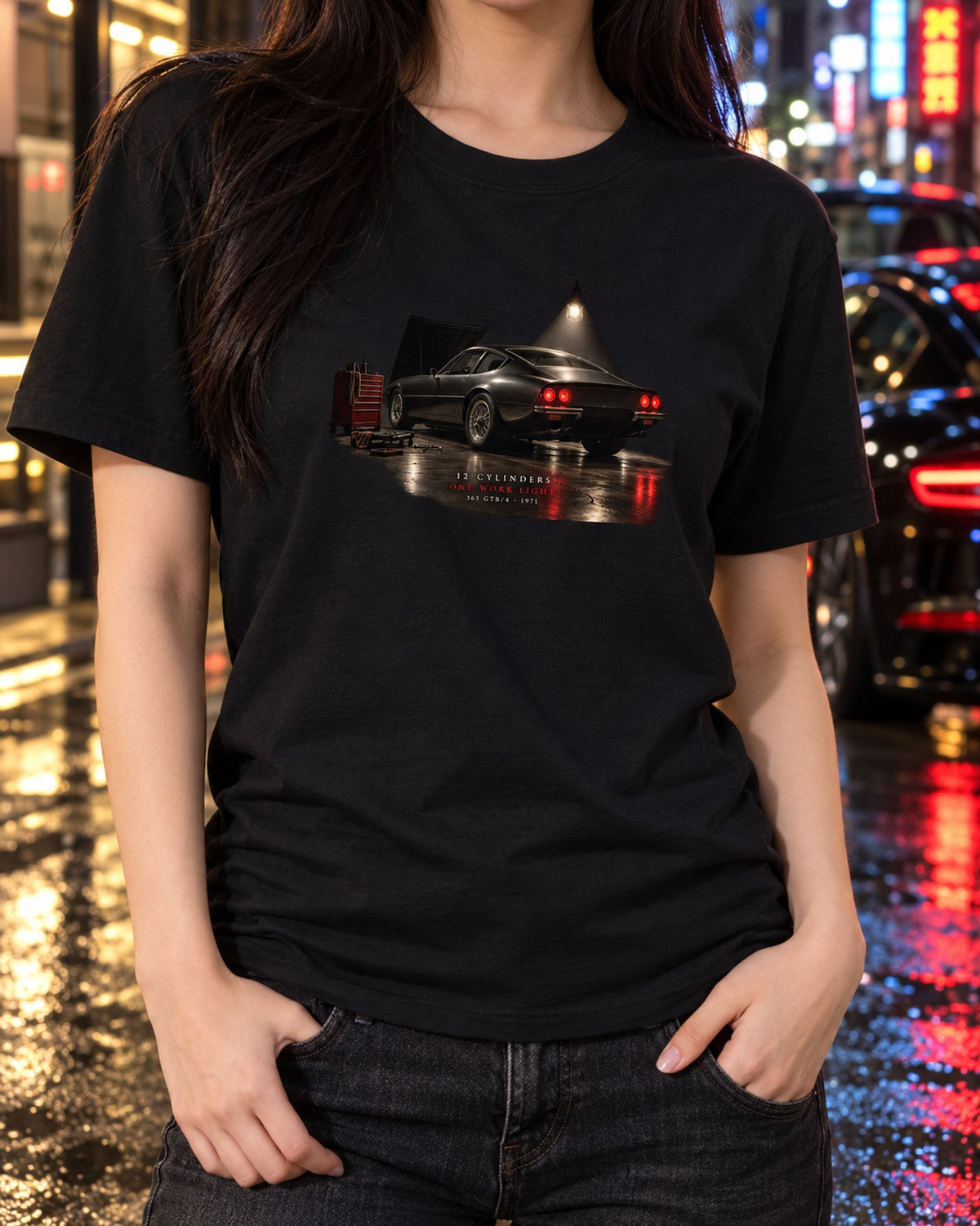 Ferrari 365 GTB/4 Daytona Garage Night Shirt, Twelve Cylinders T-Shirt Black worn hero