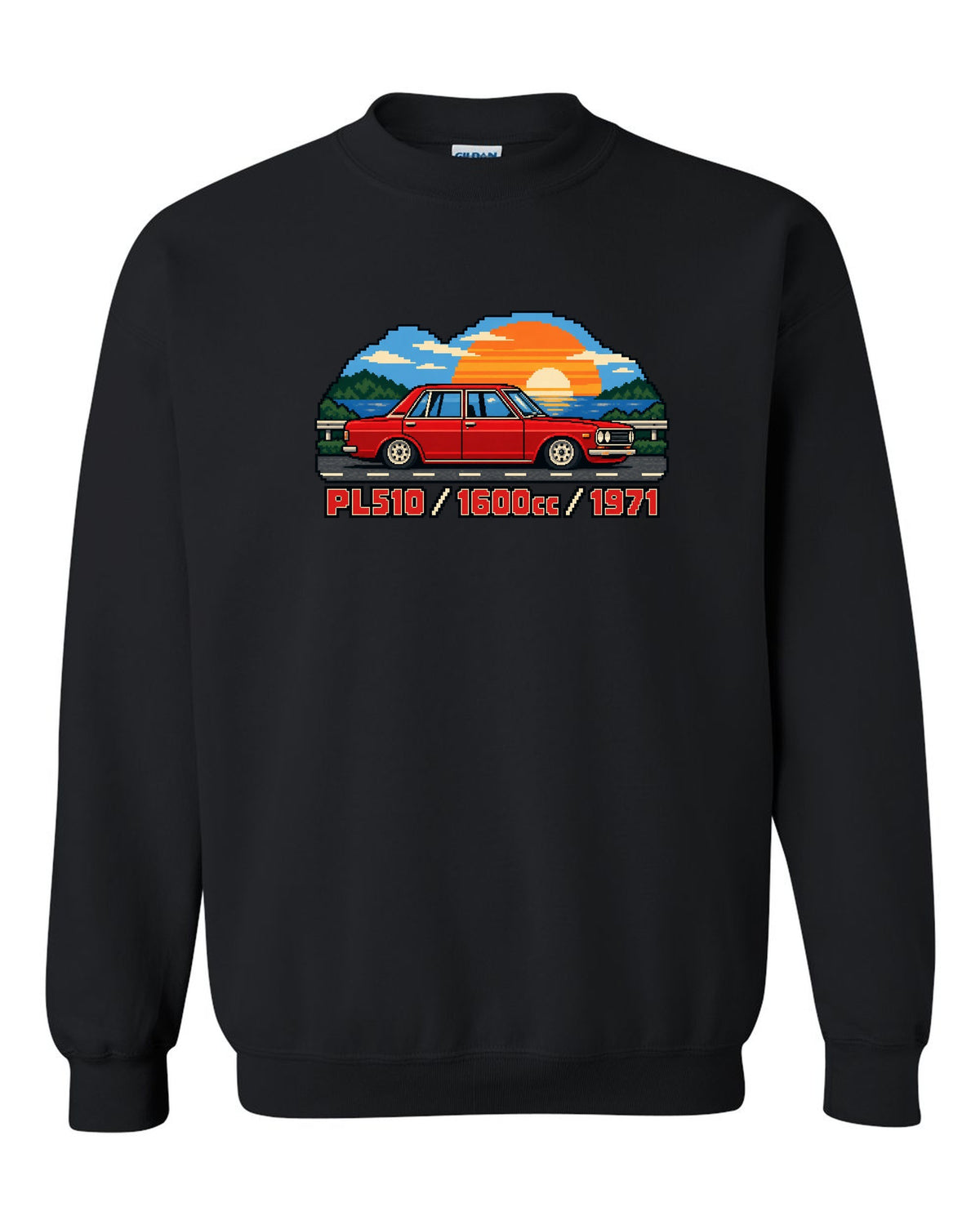 16-bit pixel art of a 1971 Datsun 510 PL510 sedan with 1600cc lettering black crewneck front view with the design