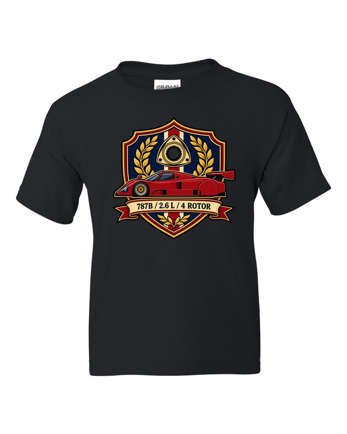 Comic halftone pop art design of the Mazda 787B with R26B SCREAMS / 9000 RPM lettering black kids tee front view with the design