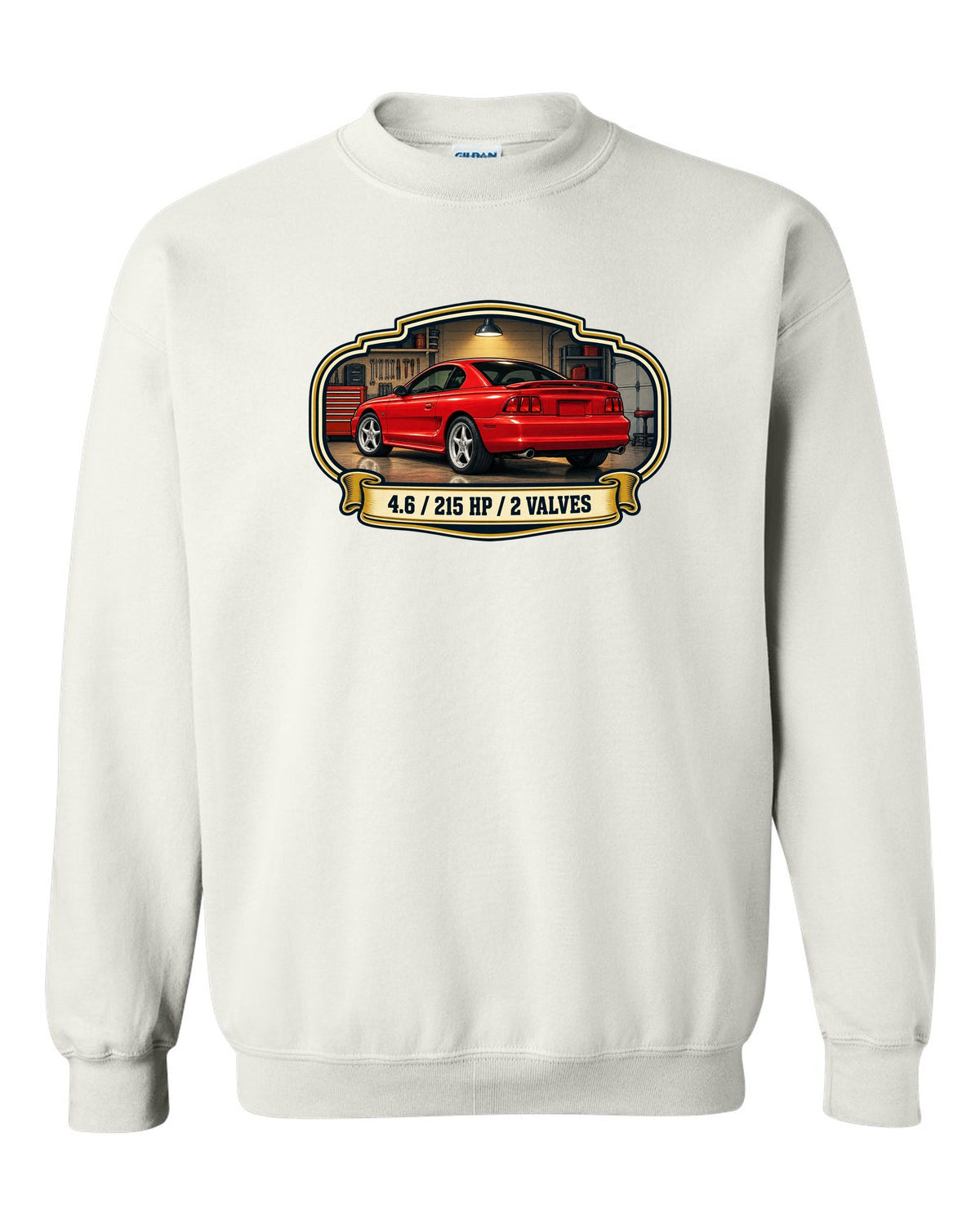 Vintage oil can label design of a 1994-98 SN95 Ford Mustang coupe with 4.6 specs white crewneck front view with the design