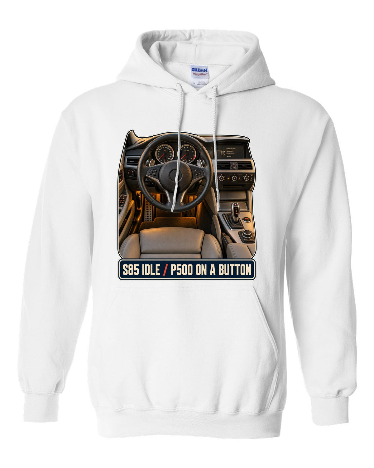 BMW M5 E60 interior cockpit and gauge print white pull over hoodie front view with the design