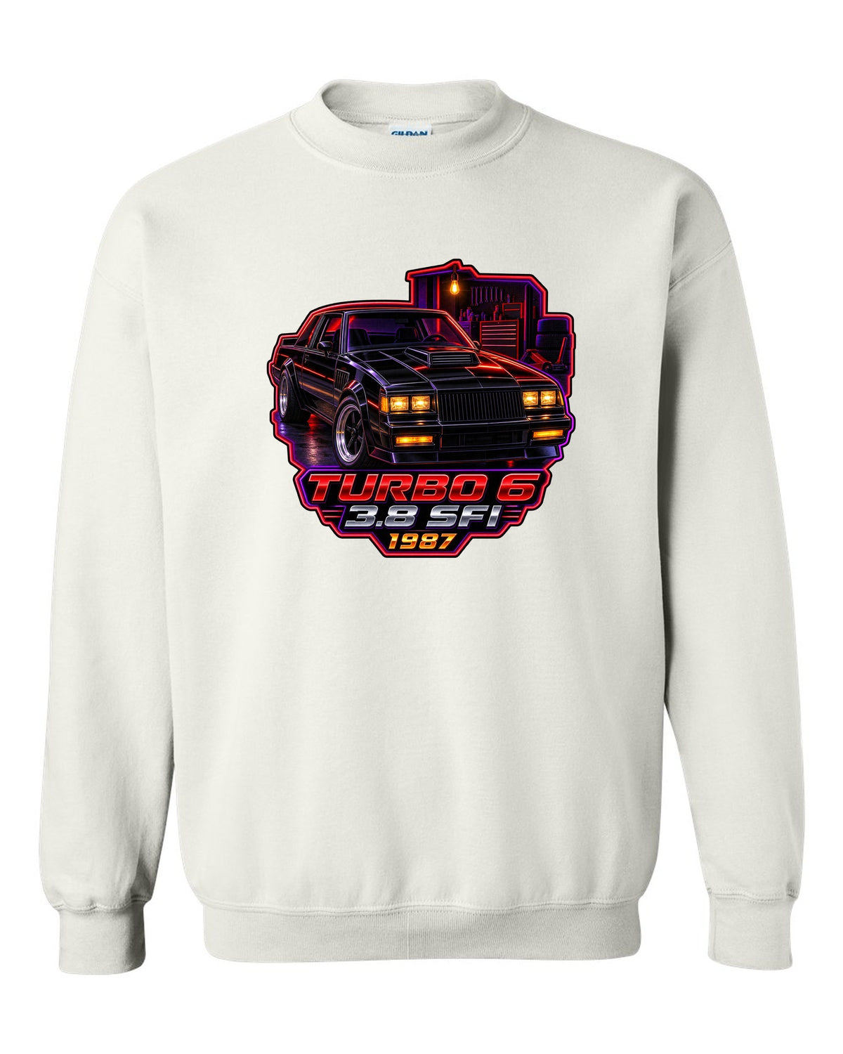 1987 Buick Regal turbo coupe in a neon-lit night garage white crewneck front view with the design