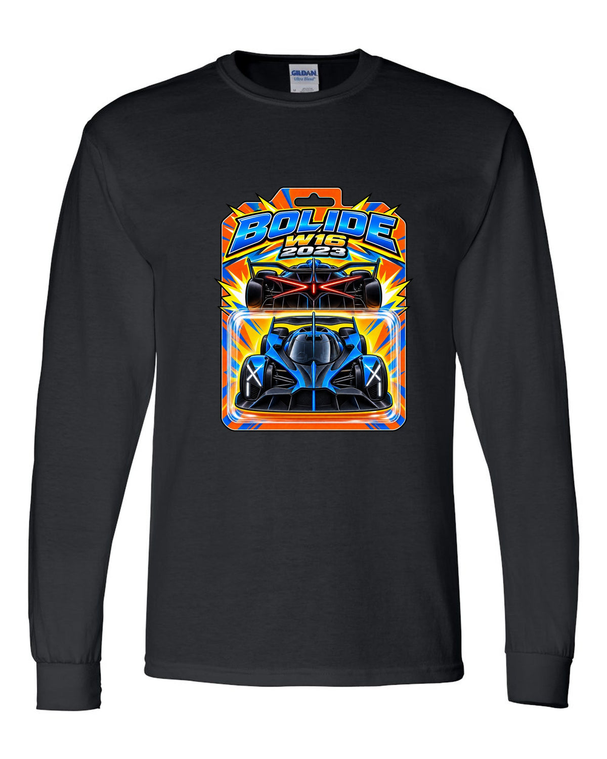 Hot Wheels-style toy blister card illustration of the Bugatti Bolide with BOLIDE W16 2023 lettering black long sleeve front view with the design